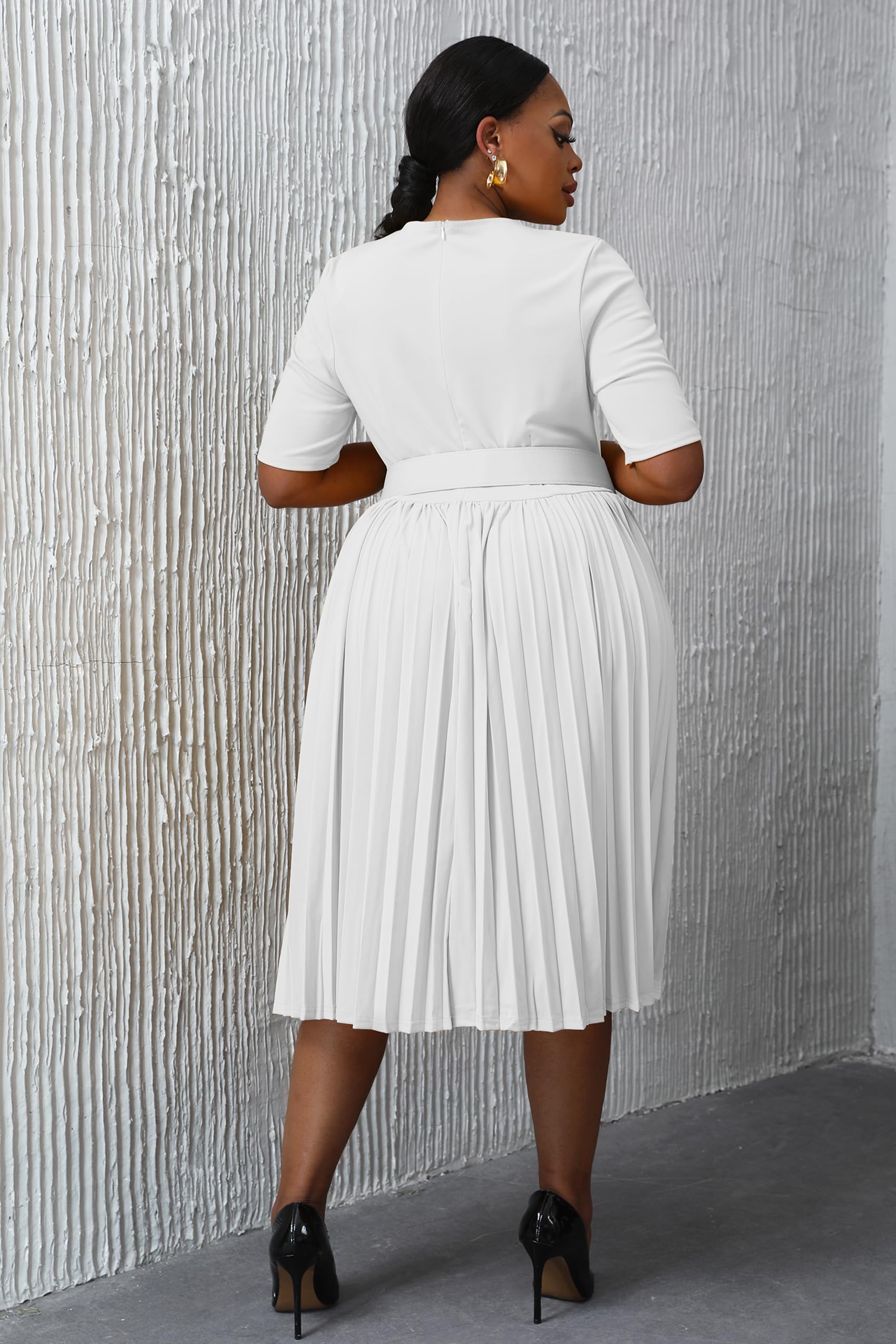 VERWIN Plus Size Women's Short Sleeve A-Line Midi Dress with Round Neck & Belt - Flattering Pleated Casual Summer Dress for Work, Party & Everyday Wear