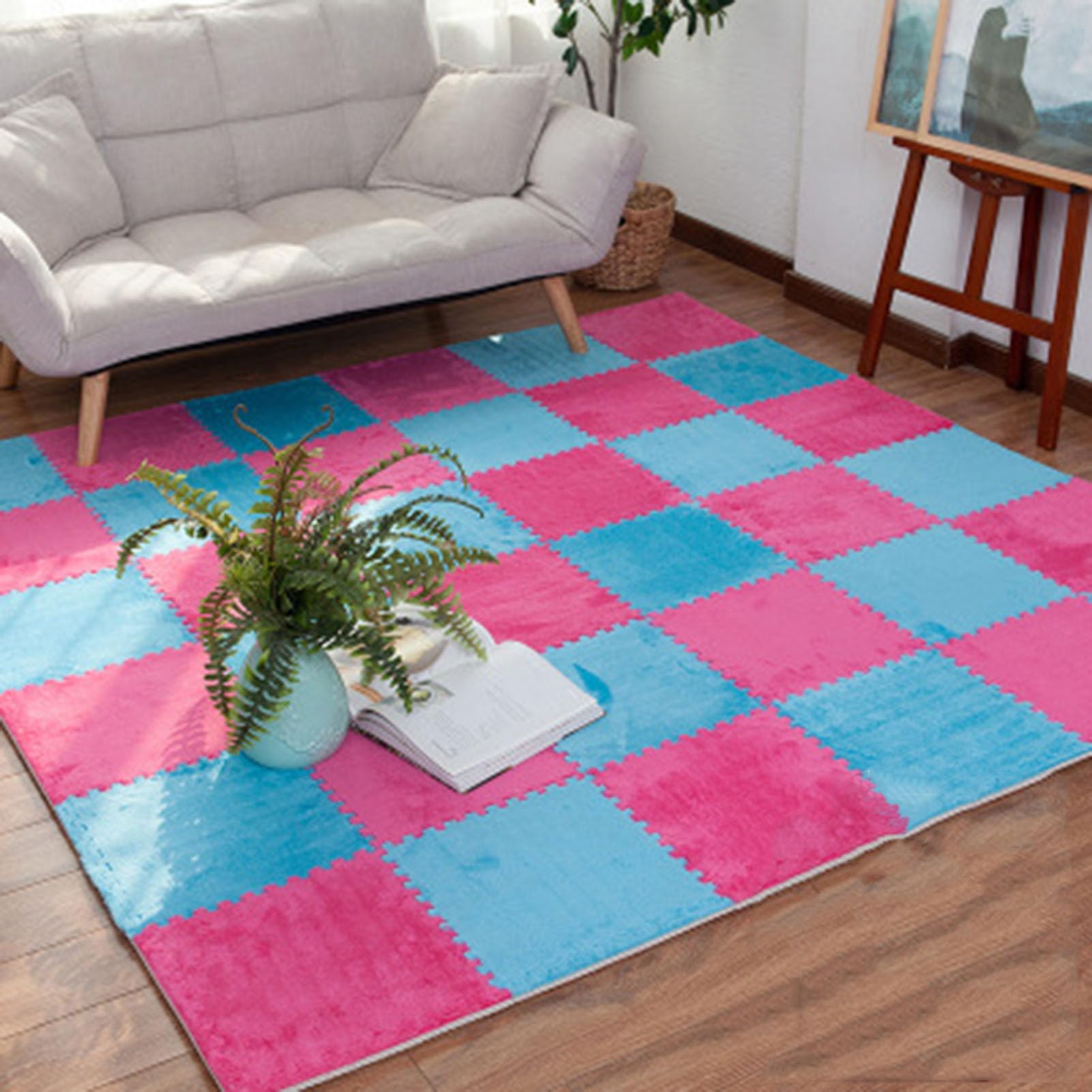 50 Pcs Soft Plush Foam Floor Mats - Interlocking EVA Puzzle Tiles for Playroom, Nursery & Bedroom - Non-Slip Kids Play Mat (Rose Red & Blue) - Perfect for Baby Crawling, Toddler Play Area & Home Gym Flooring