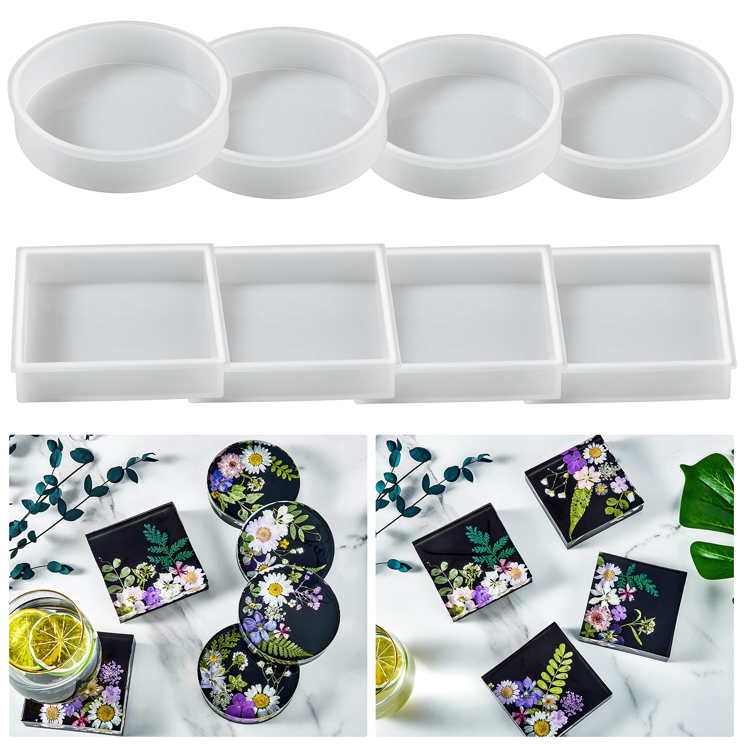 8Pcs Resin Coaster Mold Set - 4 Square & 4 Round Thick Silicone Molds for DIY Epoxy Resin Casting, Coasters, Cup Mats - Perfect for Home Decor, Gift Making & Craft Projects