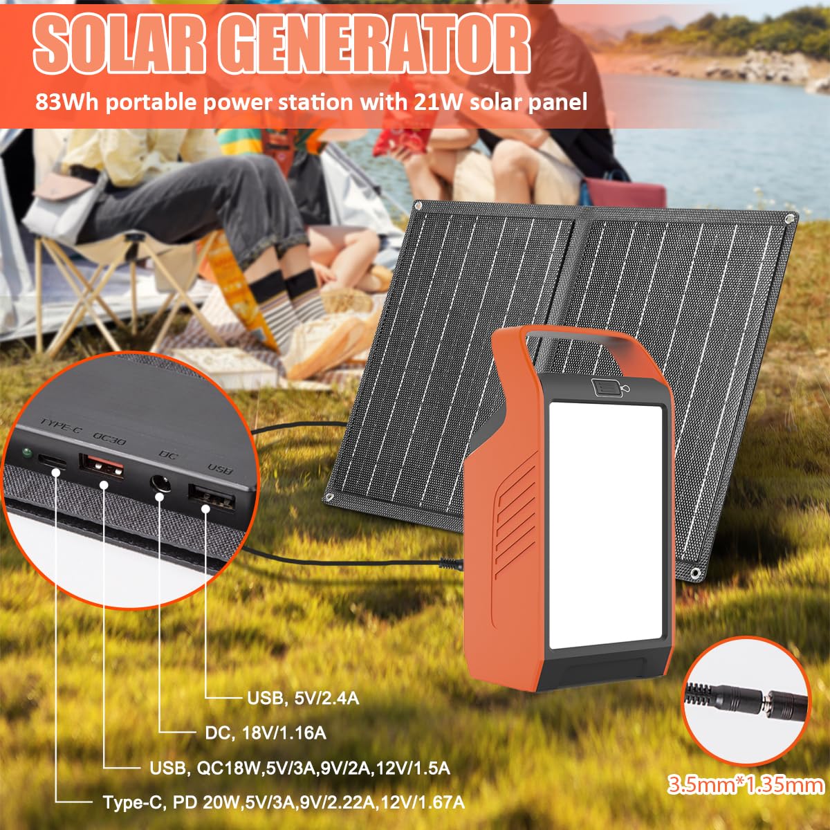 Takki 120W Peak Solar Generator Portable Power Station with 21W Solar Panels - 83Wh Solar Power Bank with AC Outlet for Camping, Emergency Power, Outdoor Adventures, RV Trips & Home Backup