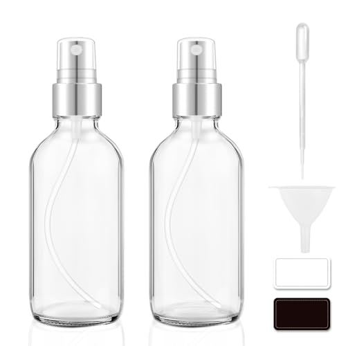 4 oz Clear Glass Spray Bottles 2 Pack - Small Refillable Hair Mist Bottles with Silver Top, Labels, Funnel & Pipettes - Travel Size for Essential Oils, DIY Beauty, Skincare & Home Cleaning Solutions
