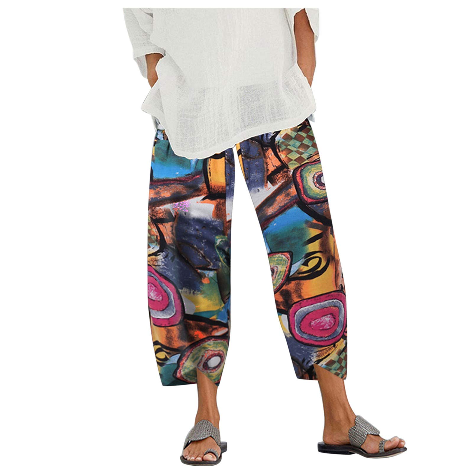 2022 Women's High Waist Elastic Casual Pants - Floral Print Wide Leg Trousers in Yellow | Comfortable Stretch Waistband for Work, Travel & Everyday Wear