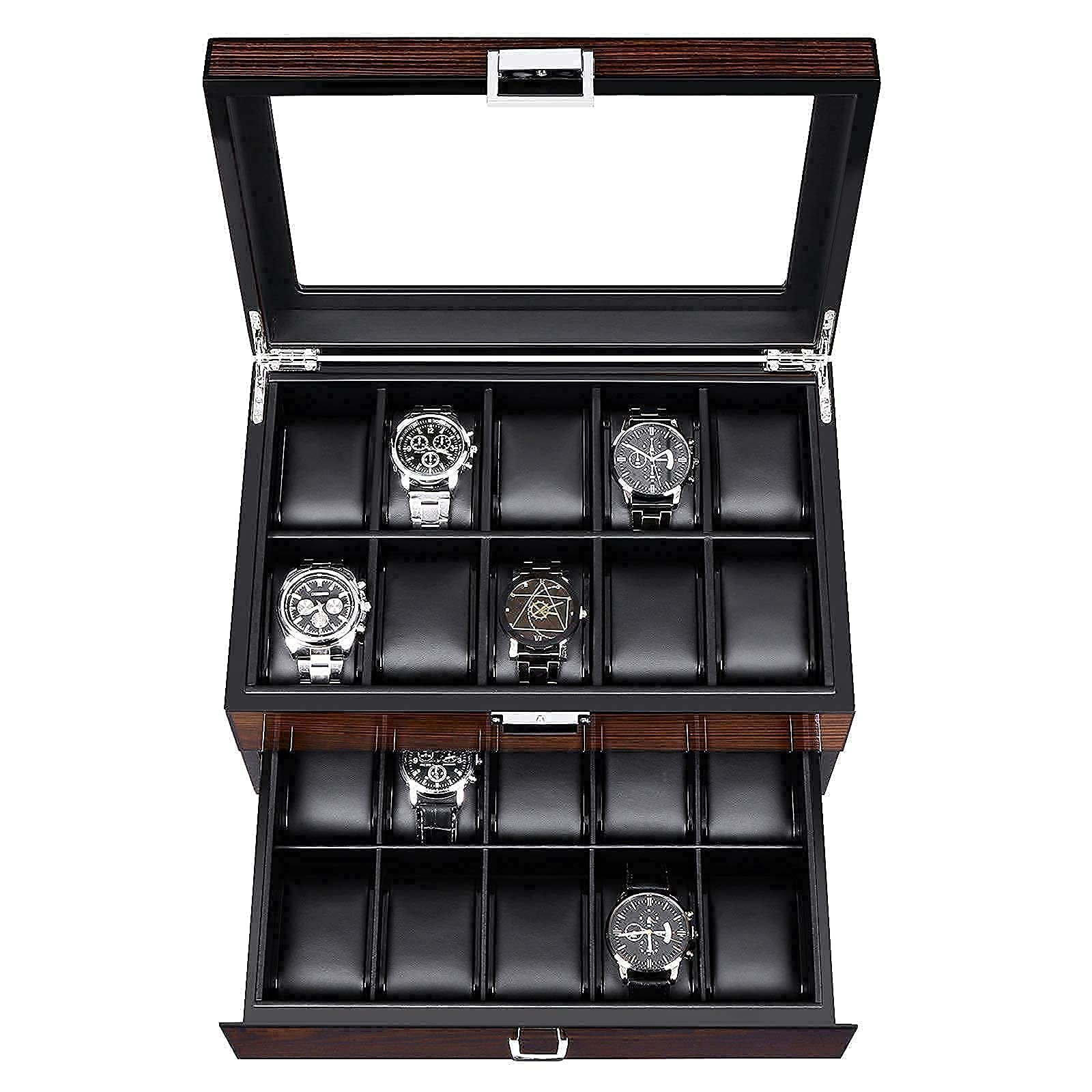 BEWISHOME 20 Slot Watch Box with 8 Slot Sunglasses Case - Premium Leather Watch Organizer for Men & Sunglasses Storage - Perfect for Travel, Home Display, and Gift Giving