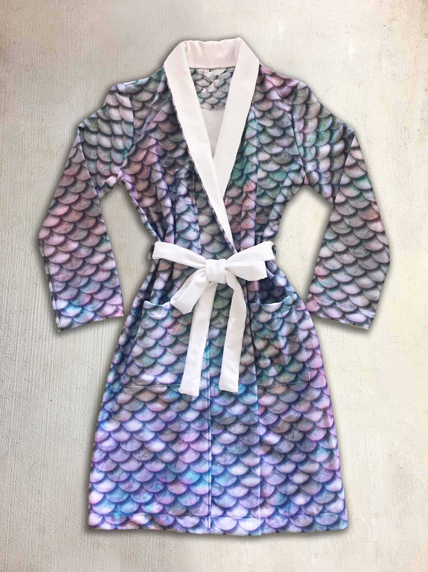 Luxury Terry Opal Mermaid Scale Bathrobe for Women - Soft Kimono Robe with Pockets - Perfect for Spa, Beach Cover-Up & Bridal Shower Gift