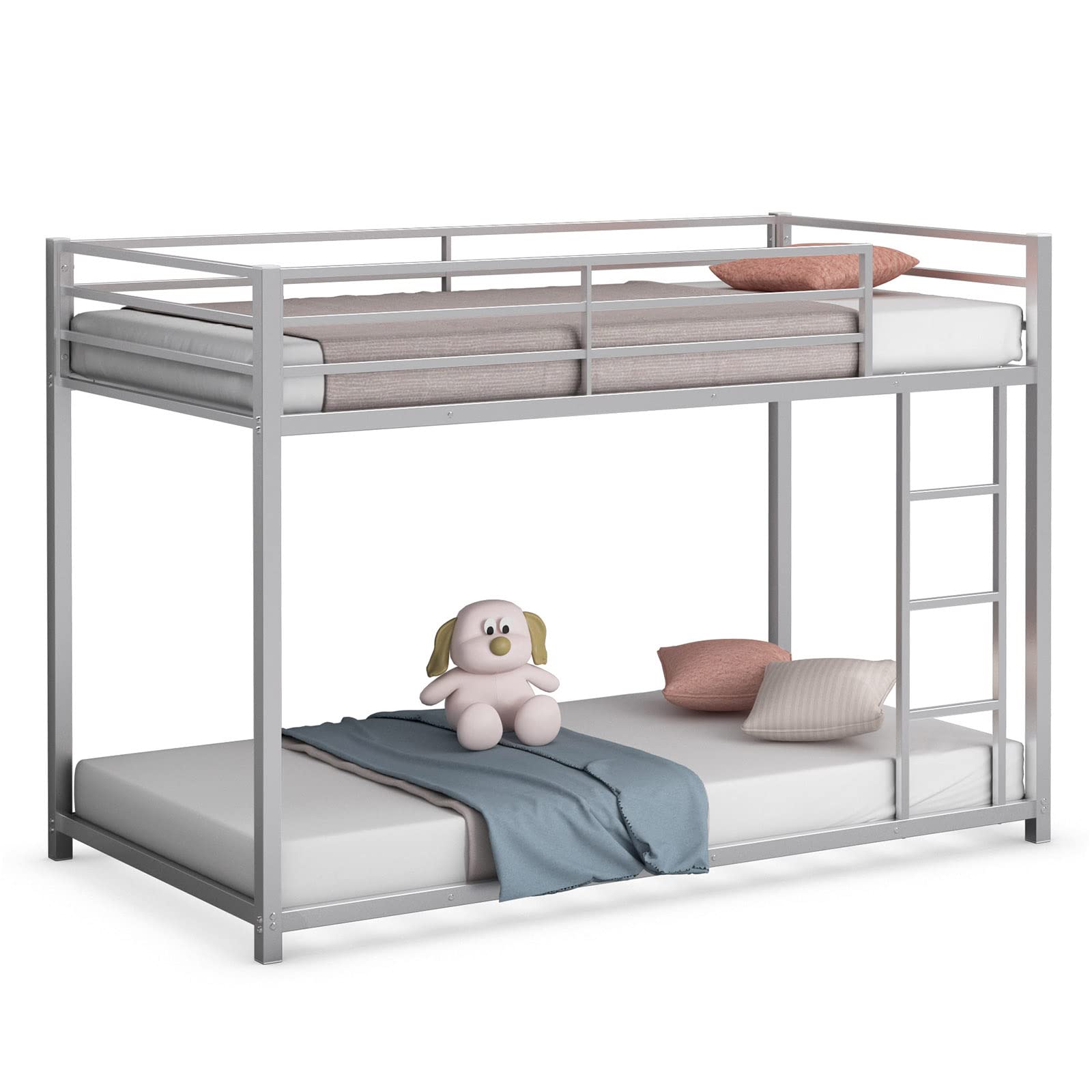KOMFOTT Twin Over Twin Metal Bunk Bed Frame with Guardrail & Ladder - Heavy Duty Steel Bed for Kids, Teens, Dormitory & Home Use - No Box Spring Needed - Perfect for Space Saving in Small Rooms & Shared Bedrooms