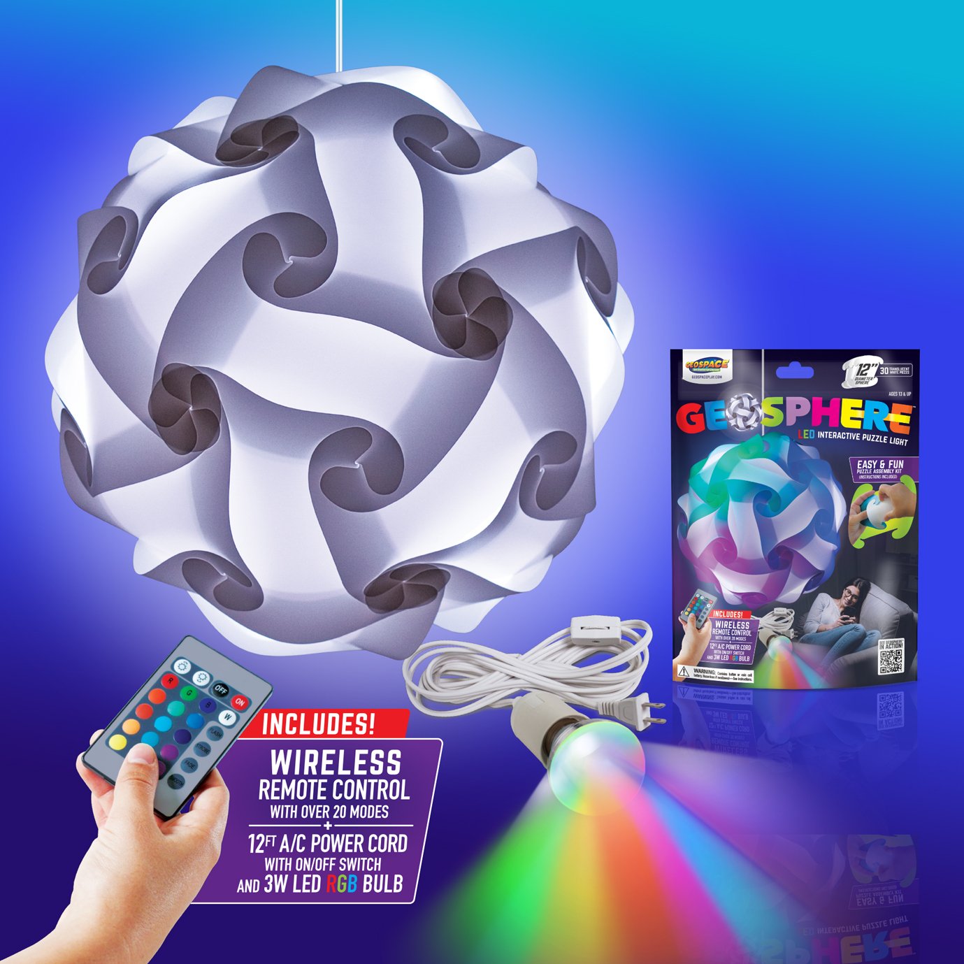 Geosphere White 3D Puzzle Lamp with LED Bulb & Remote Control - 12