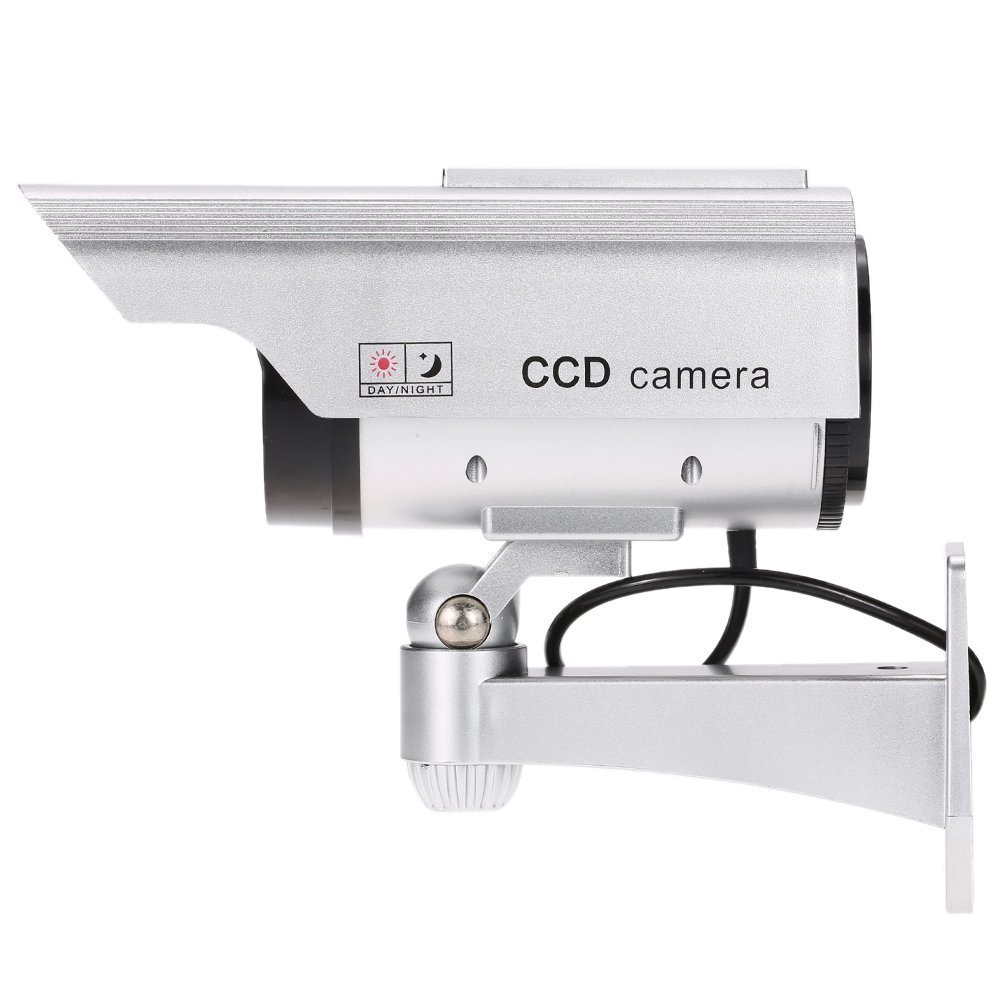 JUSTOP Twin Pack Fake Security Camera Outdoor Indoor Waterproof with Realistic LED Light - Solar or Battery Powered - Silver - Ideal for Home, Office, and Store Surveillance