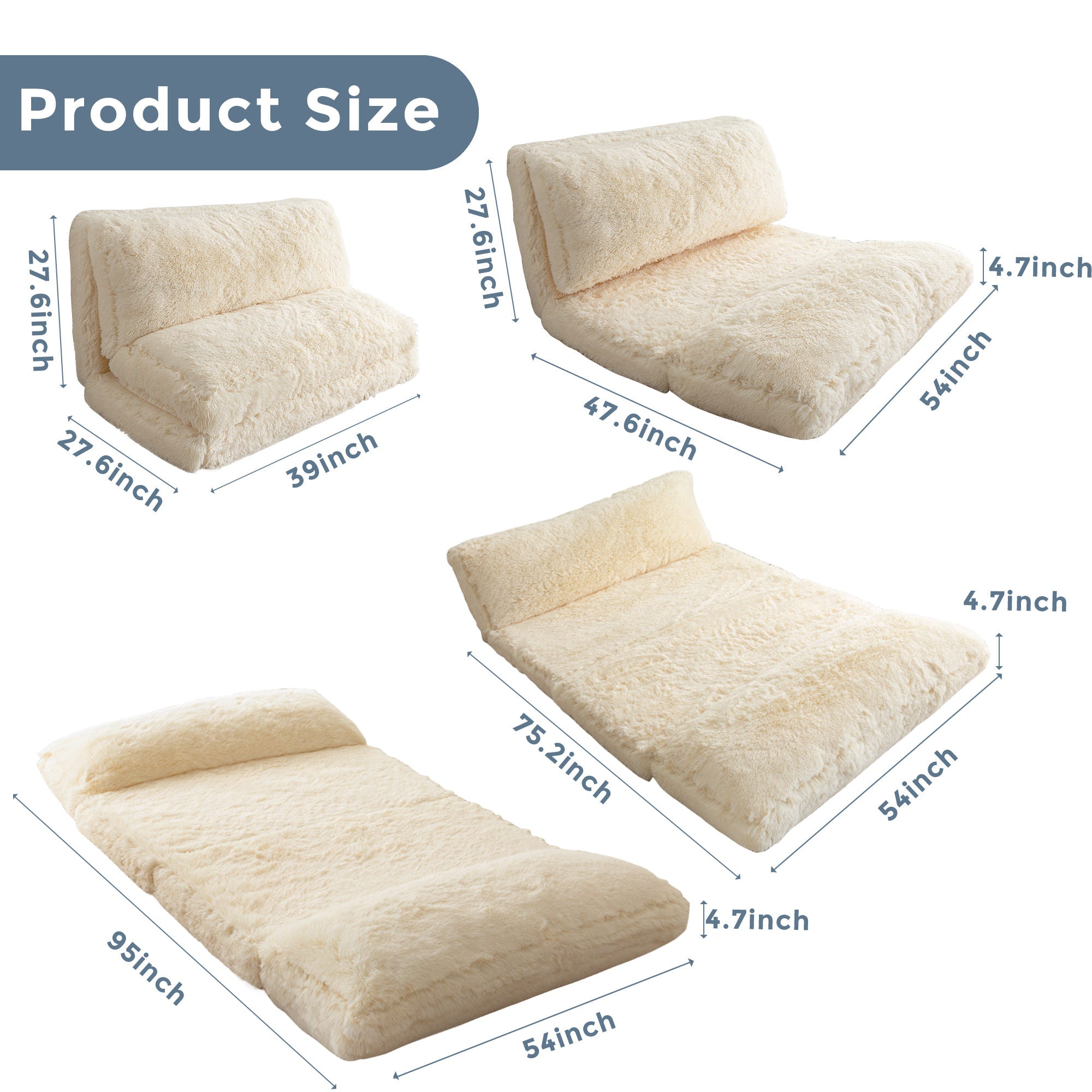 MAXYOYO Folding Bean Bag Sofa Bed - Soft Faux Fur Floor Couch with Foam Filling, Convertible Sleeper Chair in Beige | Perfect for Small Spaces, Living Rooms, Dorms & Movie Nights