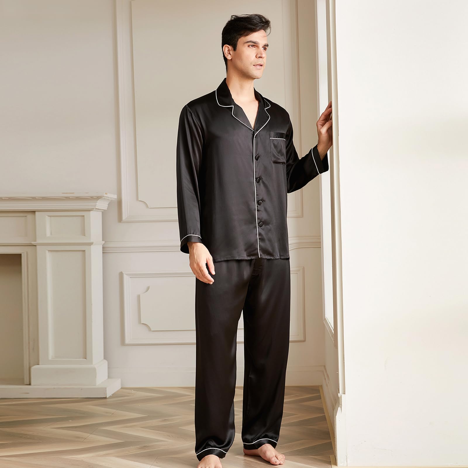 Luxury 19 Momme Mulberry Silk Pajama Set for Men - 2 Piece Long Sleeve Silk Pajamas, Lightweight & Breathable for Sleep, Lounge & Travel
