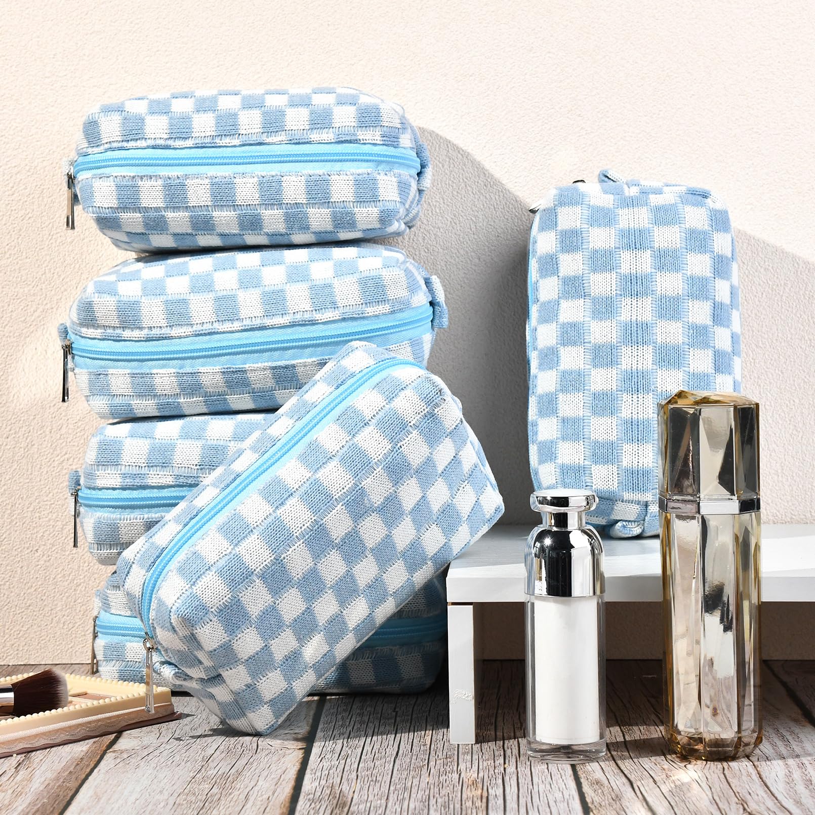 Preppy Checkered Makeup Bag - Blue Cosmetic Pouch for Women | Personalized Travel Toiletry Organizer | Cute DIY Makeup Brushes Storage | Bulk Wholesale | Perfect for Travel, Gym & Daily Beauty Routine