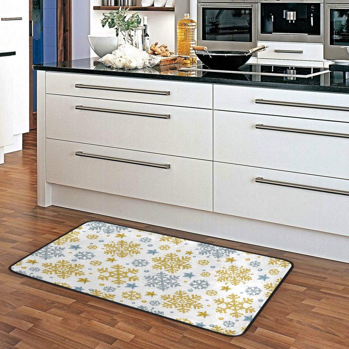 Festive Christmas Kitchen Rug - Gold & Silver Glitter Snowflake Design, Non-Slip Washable Floor Mat for Winter (39
