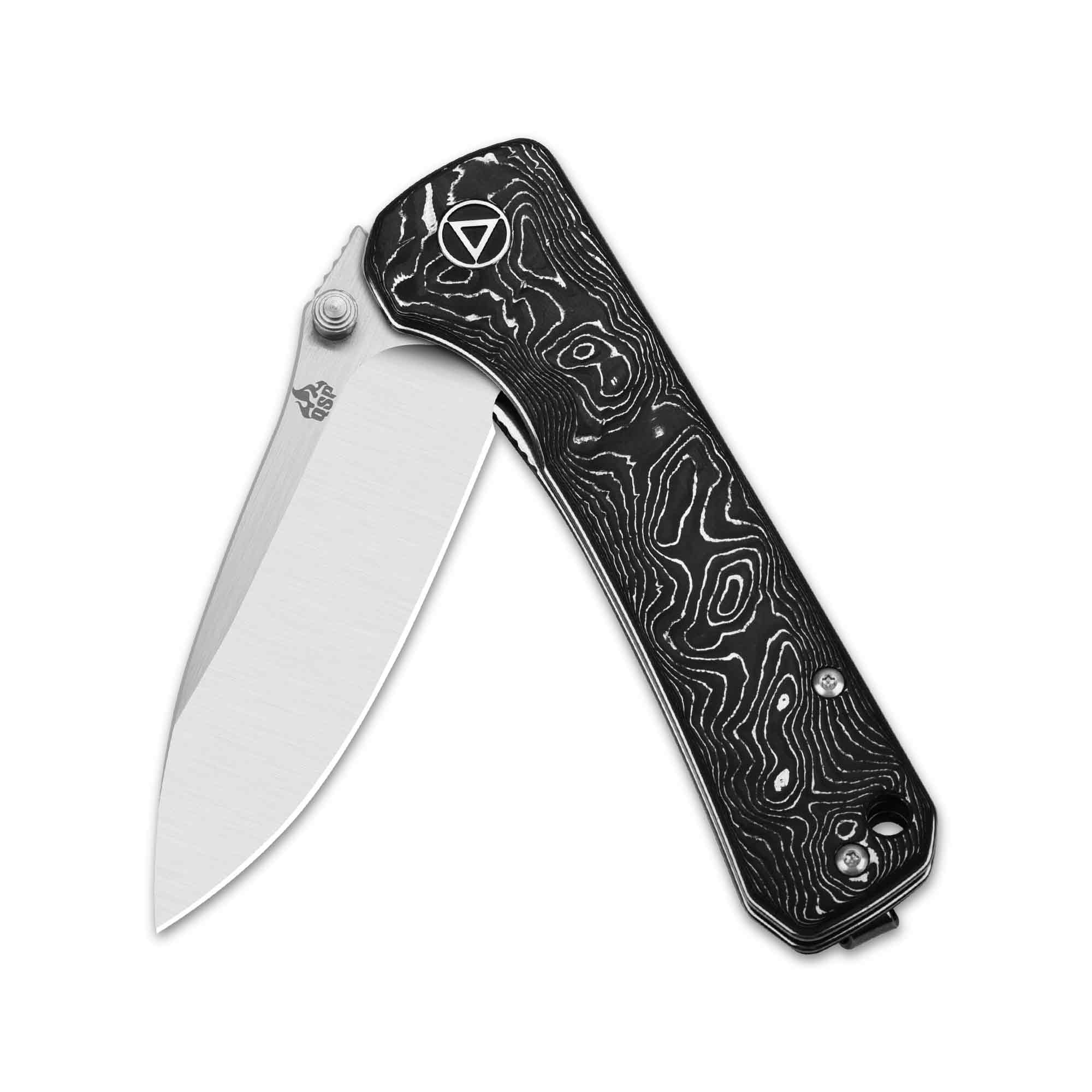 QSP Hawk Liner Lock Pocket Knife - Damascus/S35VN Blade, Carbon Fiber Handles - EDC, Camping, Hunting & Outdoor Survival Tool