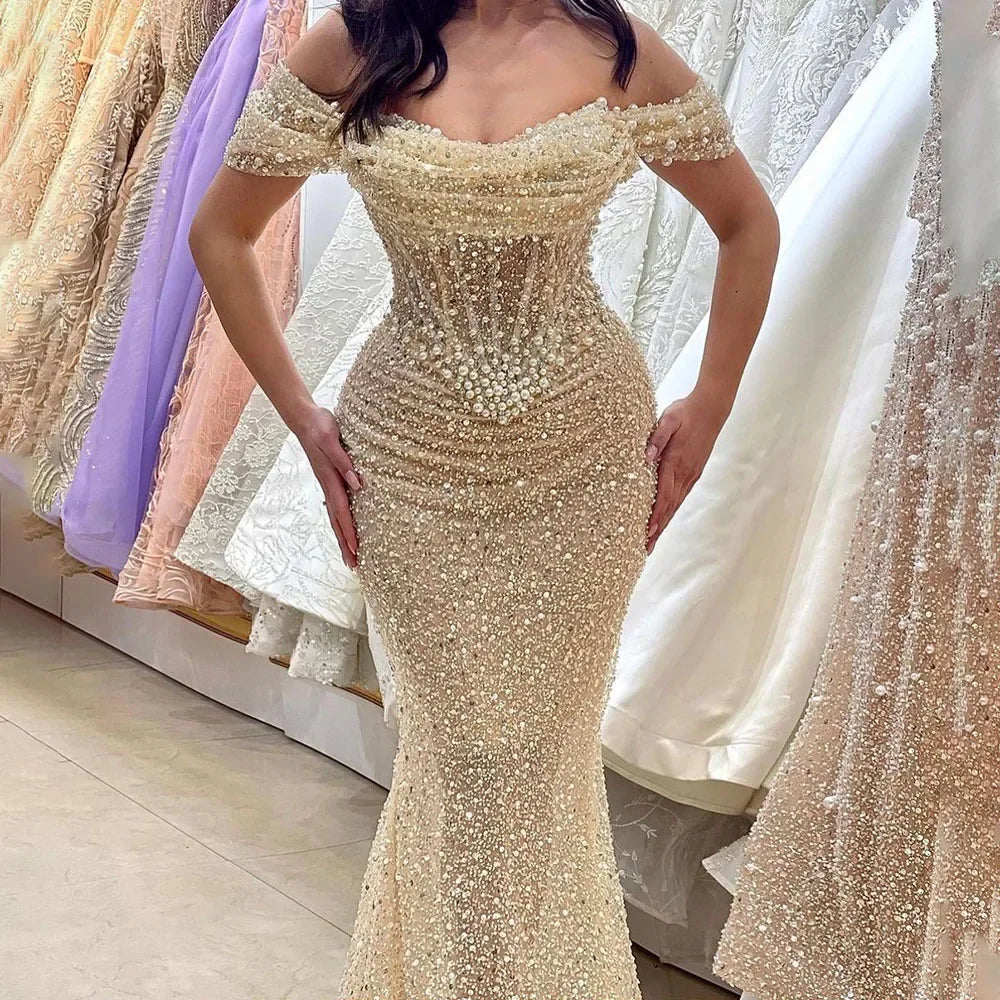 Elegant Mermaid Evening Dresses for Women - Luxury Pearl Beaded Dubai Arabian Style Wedding Gowns 2025 | Perfect for Weddings, Galas & Formal Parties