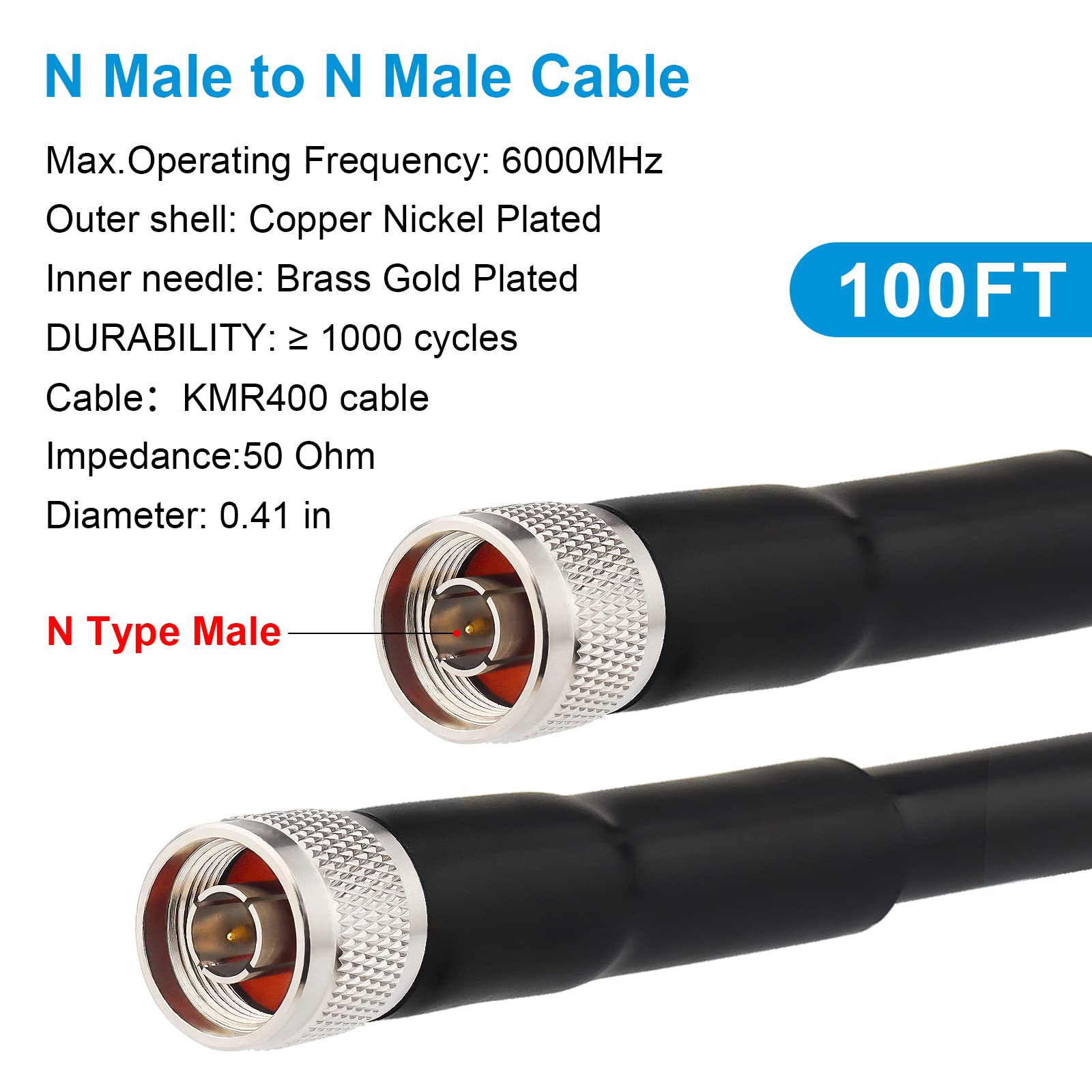 100ft KMR400 Low Loss Coaxial Extension Cable (50 Ohm) N Male to N Male Connector for 3G/4G/5G/LTE/GPS/WiFi/RF/Ham Radio - High Performance Antenna & Signal Booster Cable for Cell Phone, Router, and Wireless Communication Systems