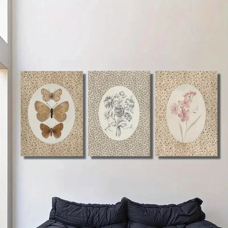3-Piece Vintage Butterfly and Antique Pink Flower Wall Art Set - Framed Canvas 40x60cm (16x24 Inches) - High Quality Print - 100% Australian Made - Ready to Hang - Perfect for Living Room, Bedroom, or Office Decor