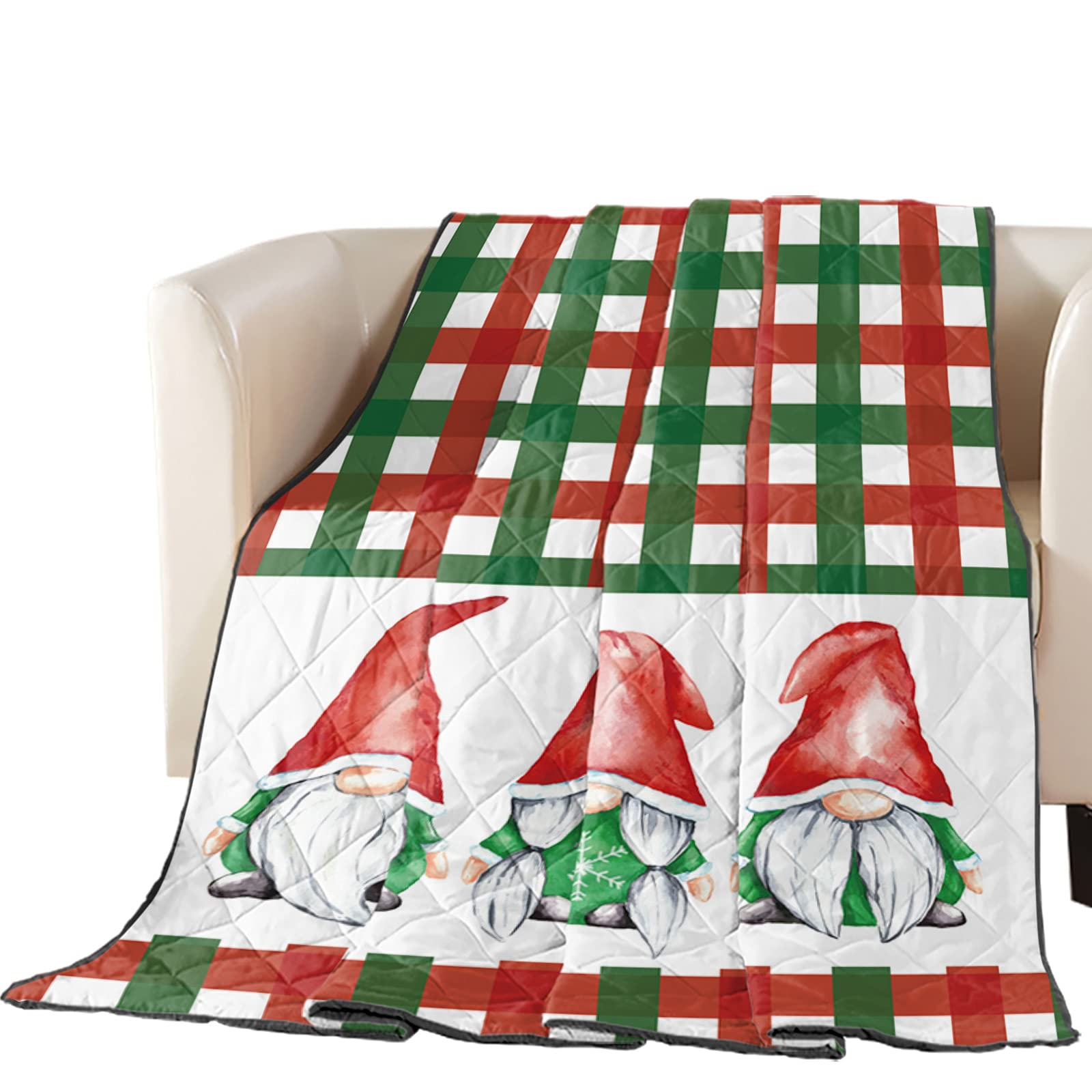 Christmas Gnome Red and Green Buffalo Plaid Lightweight Reversible Quilted Comforter - Twin Size Down Alternative Duvet Insert (64x88 inches) | Soft Bedding Spread for Couch, Sofa & Holiday Decor
