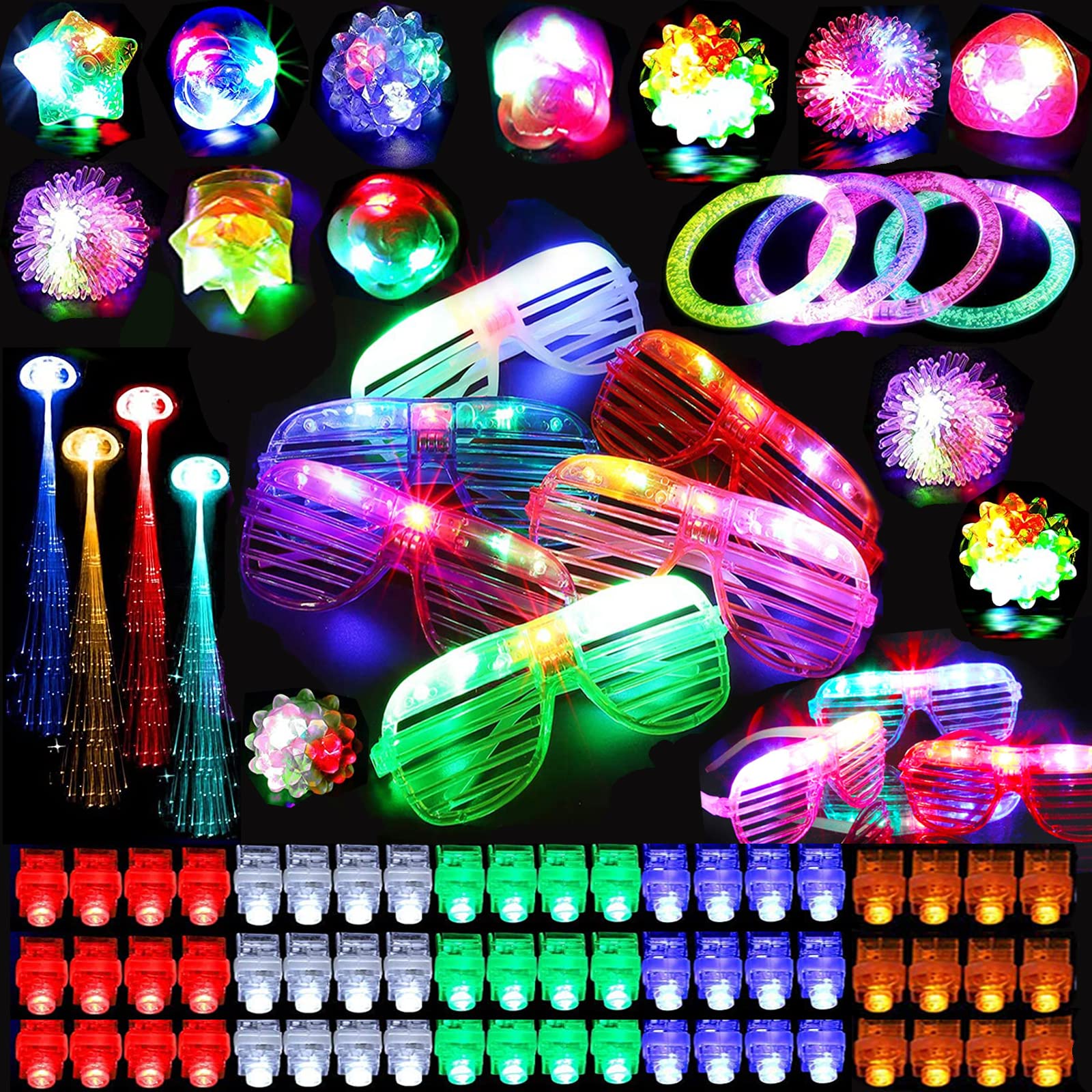 81 Pcs LED Party Favors Glow in The Dark Toys - Light Up Glasses, Finger Lights, Bracelets & Fiber Optic Hair Accessories for Kids Adults - Perfect for Birthday Halloween Christmas Raves Concerts Festivals