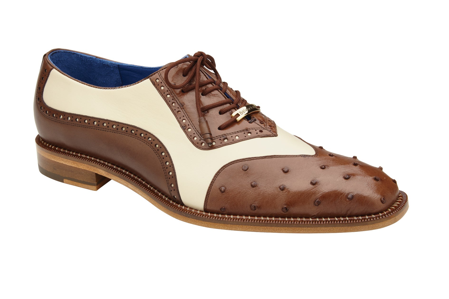 Belvedere Sesto Genuine Ostrich Quill & Italian Leather Wingtip Dress Shoes for Men - Brown/Cream Size R54 - Premium Business Formal & Wedding Oxford Shoes
