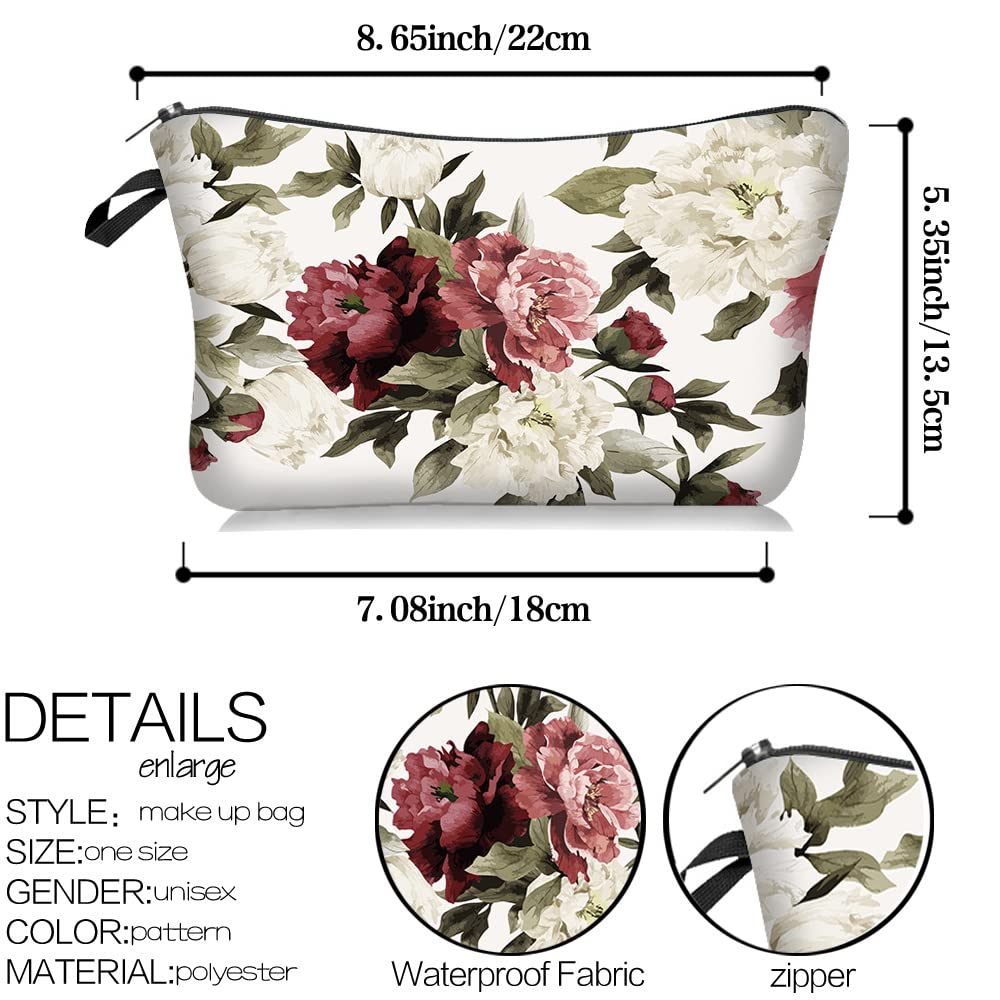 FITINI Peony Printed Waterproof Makeup Bag for Women - Small Travel Cosmetic Organizer Pouch with Zipper, Portable Toiletry Storage for Girls | Perfect for Travel, Gym, and Daily Essentials Organization
