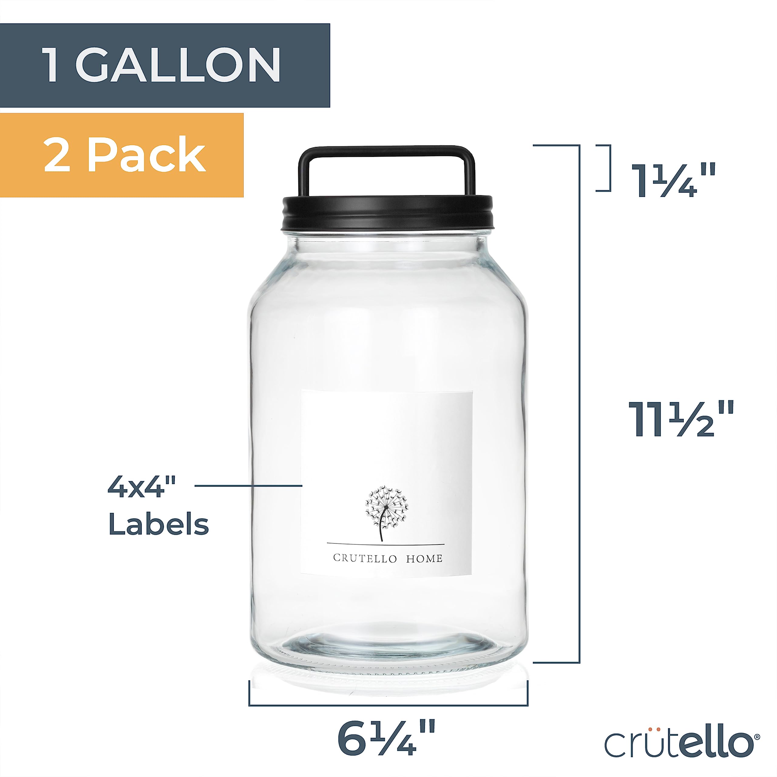 Crutello Large 1-Gallon Glass Canisters Set - 2 Pack with Black Stainless Steel Airtight Lids & Labels - Perfect for Cookie Storage, Laundry Room Organization, Pantry Food Containers & Kitchen Canisters - Ideal for Baking, Meal Prep & Home Decor