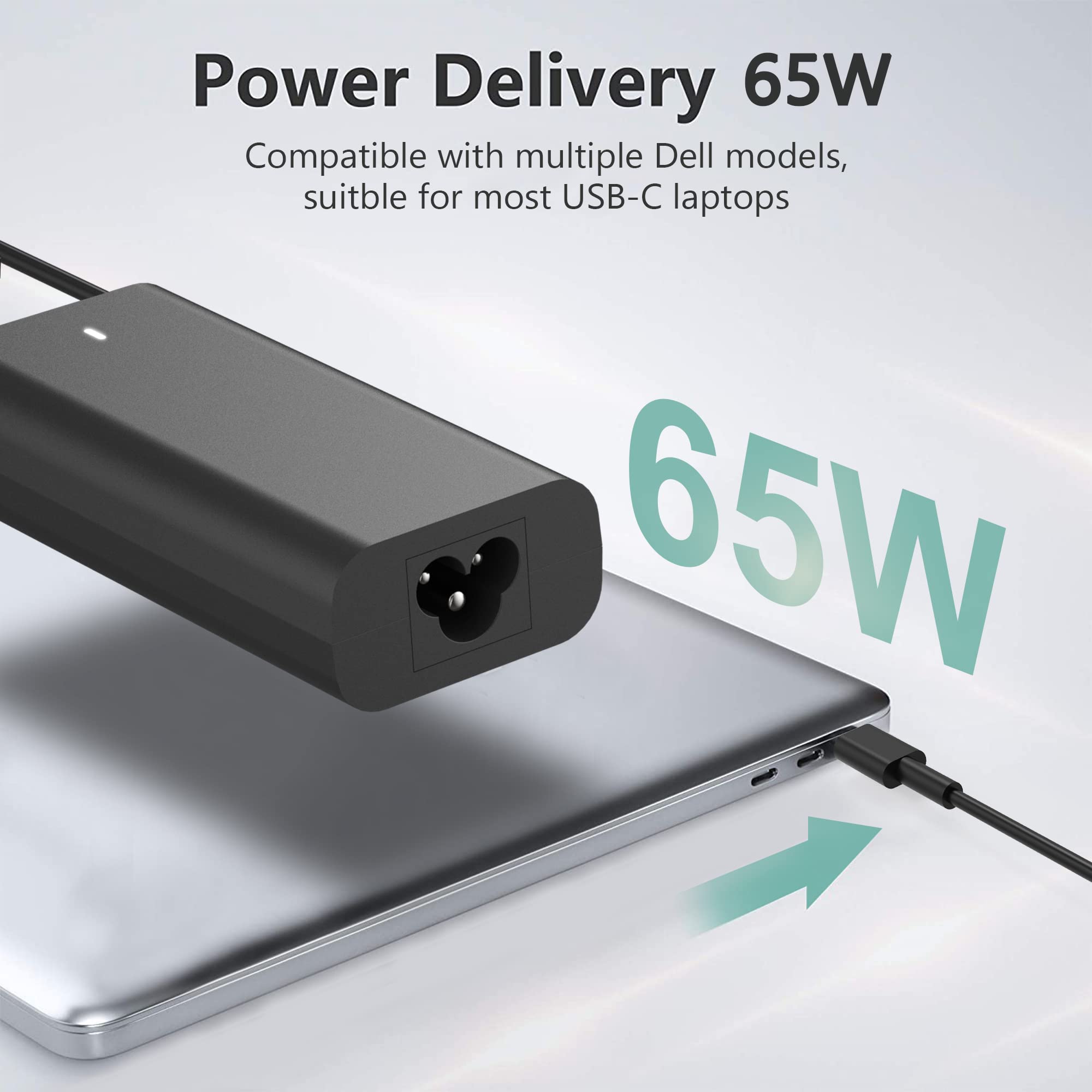65W USB C Laptop Charger Fast Charging - Compatible with Dell Latitude, XPS, Chromebook - Slim Travel Power Adapter for Home, Office & Business Travel