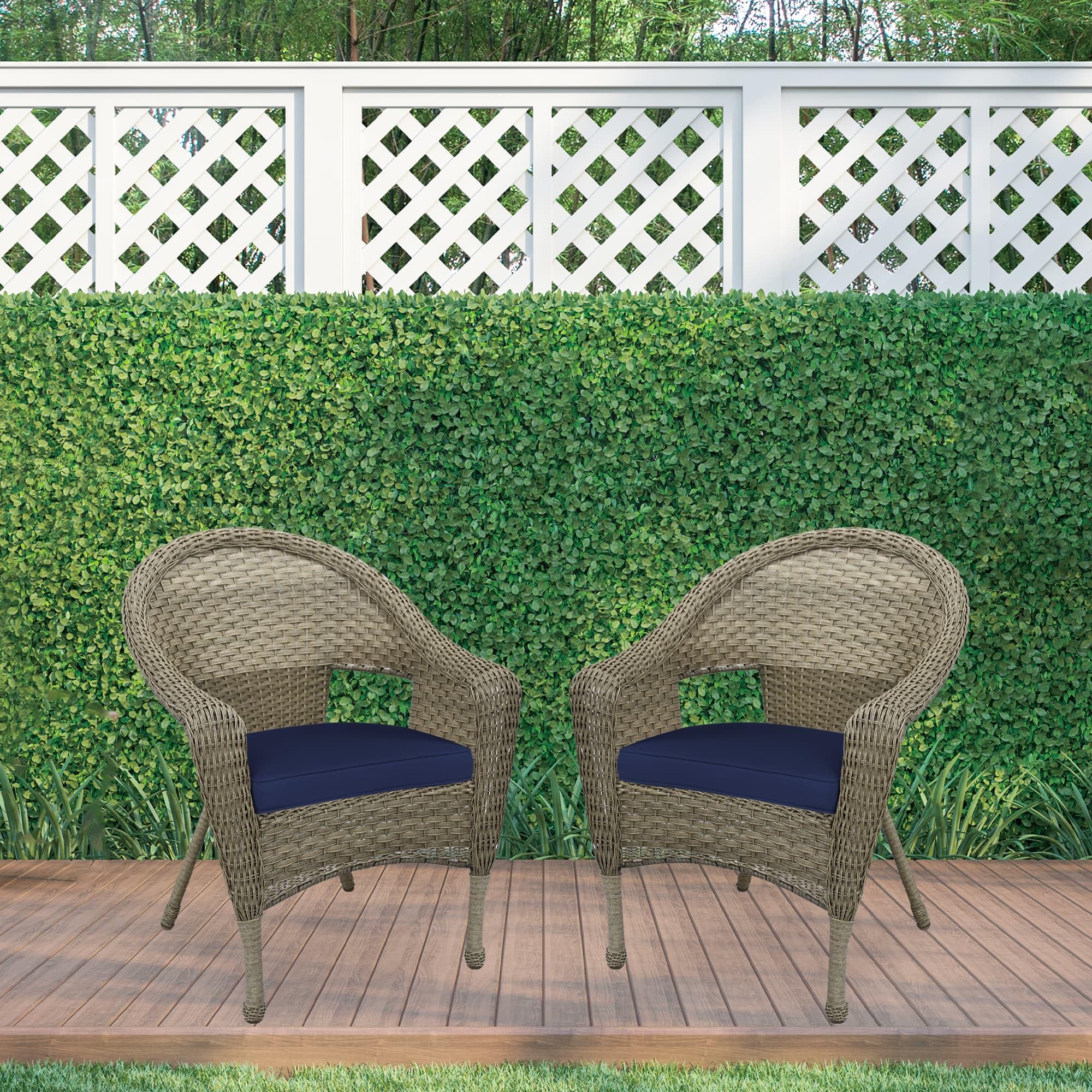 Jeco W00402G_2-FS011 Set of 2 Outdoor Resin Wicker Patio Chairs with Grey Frame & Midnight Blue Cushions - Perfect for Poolside, Garden, or Balcony Relaxation