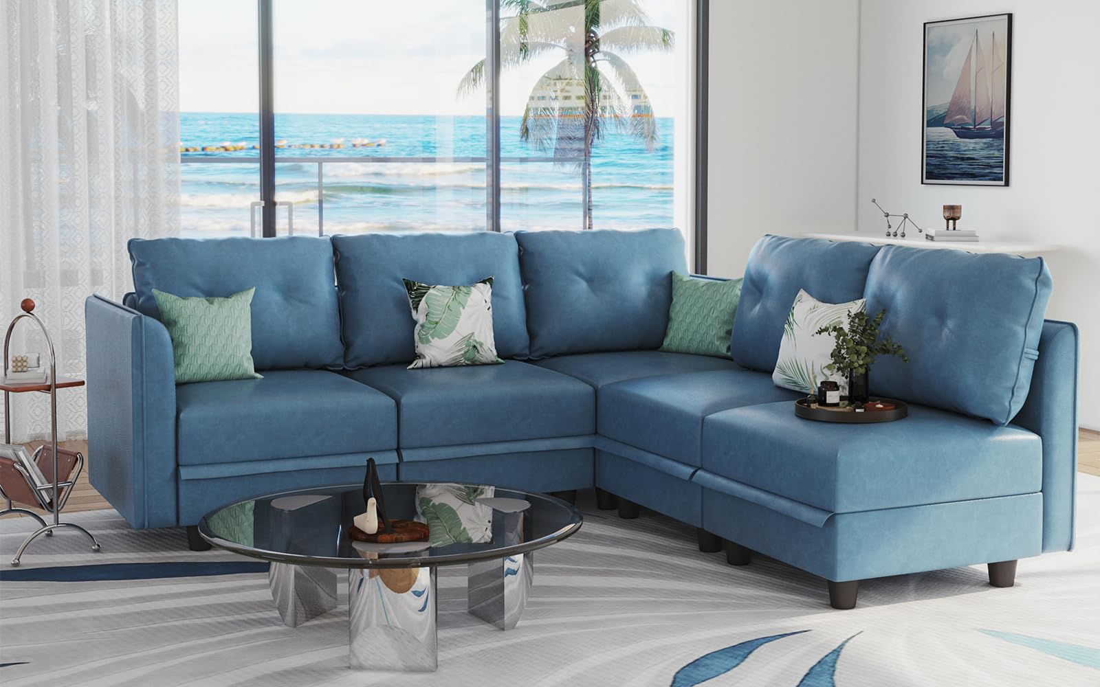 LLappuil Modular Sectional Sofa - Convertible L-Shaped Couch with Storage Chaise, 5-Seater Faux Leather Living Room Sofa in Navy Blue | Perfect for Small Spaces, Apartments & Family Gatherings