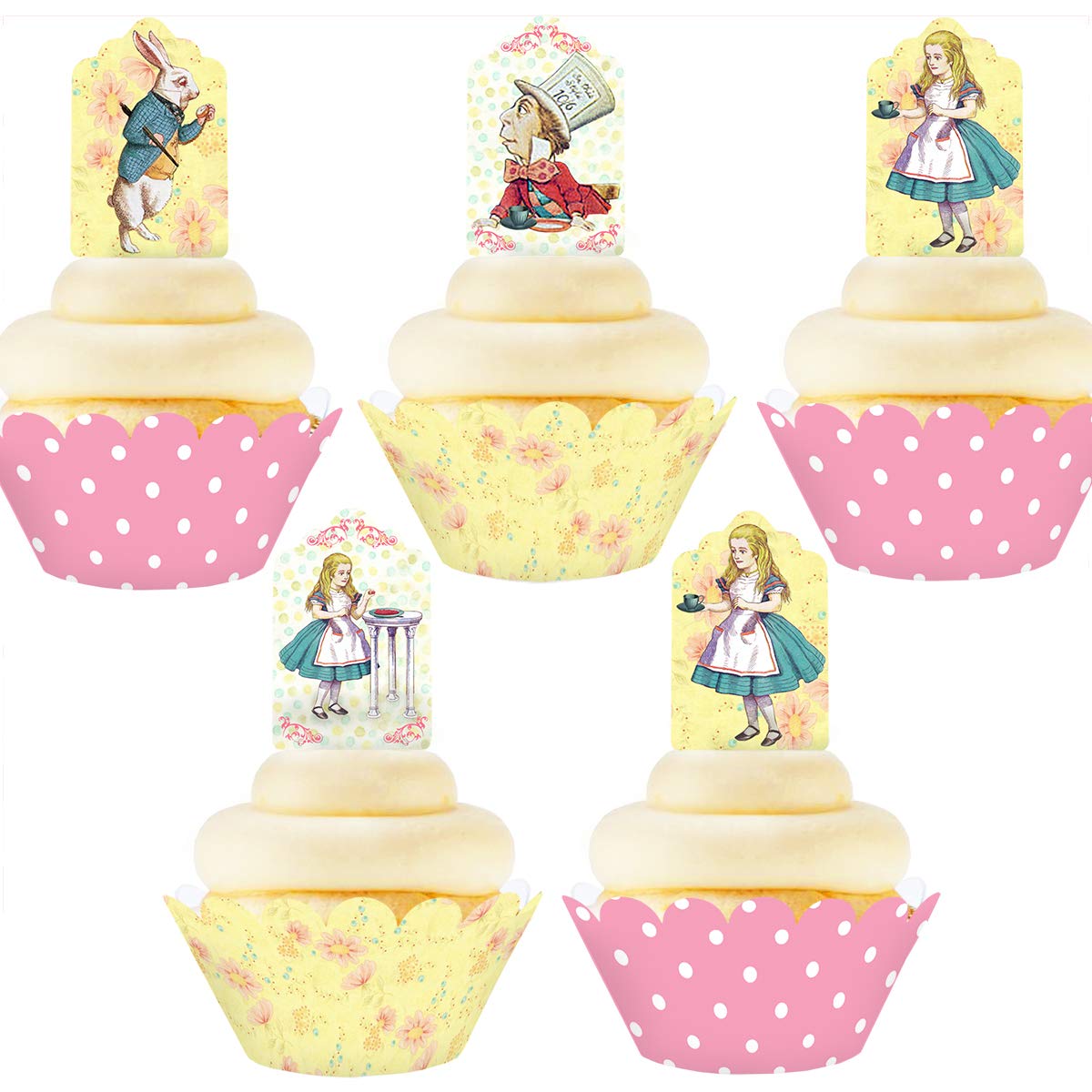 Alice in Wonderland Cupcake Toppers & Wrappers Set - 24pcs Toppers & 24pcs Wrappers - Mad Hatter Tea Party Decorations - Vintage Style Baking Supplies for Birthday, Baby Shower & Themed Events
