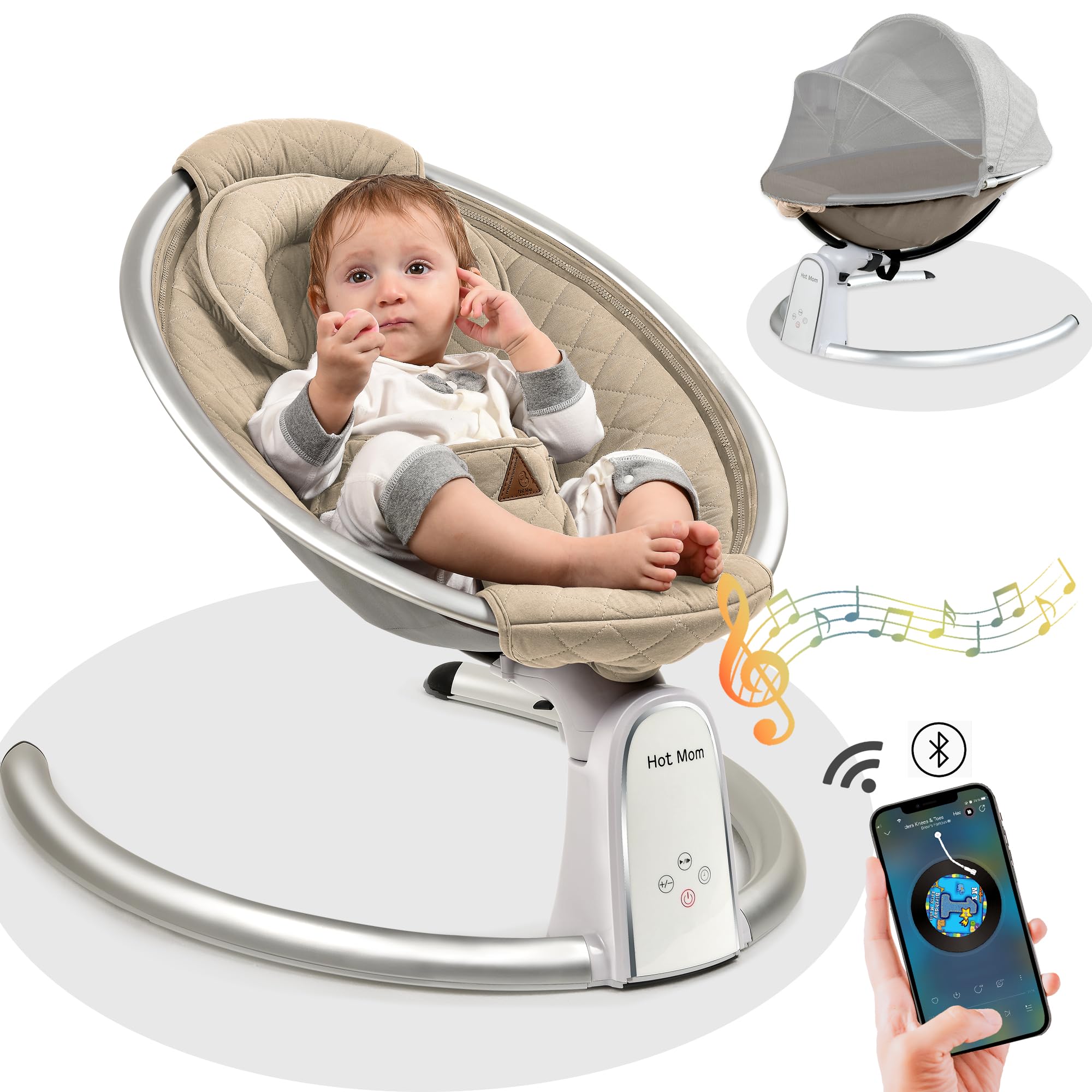 Premium Cotton Electric Baby Bouncer with Bluetooth & Music Speaker - Auto Rocking Infant Swing with LED Touch Screen & Smart Timer - Comfortable Baby Chair for Newborns (Sand) - Perfect for Nursery, Daycare & Soothing Fussy Babies