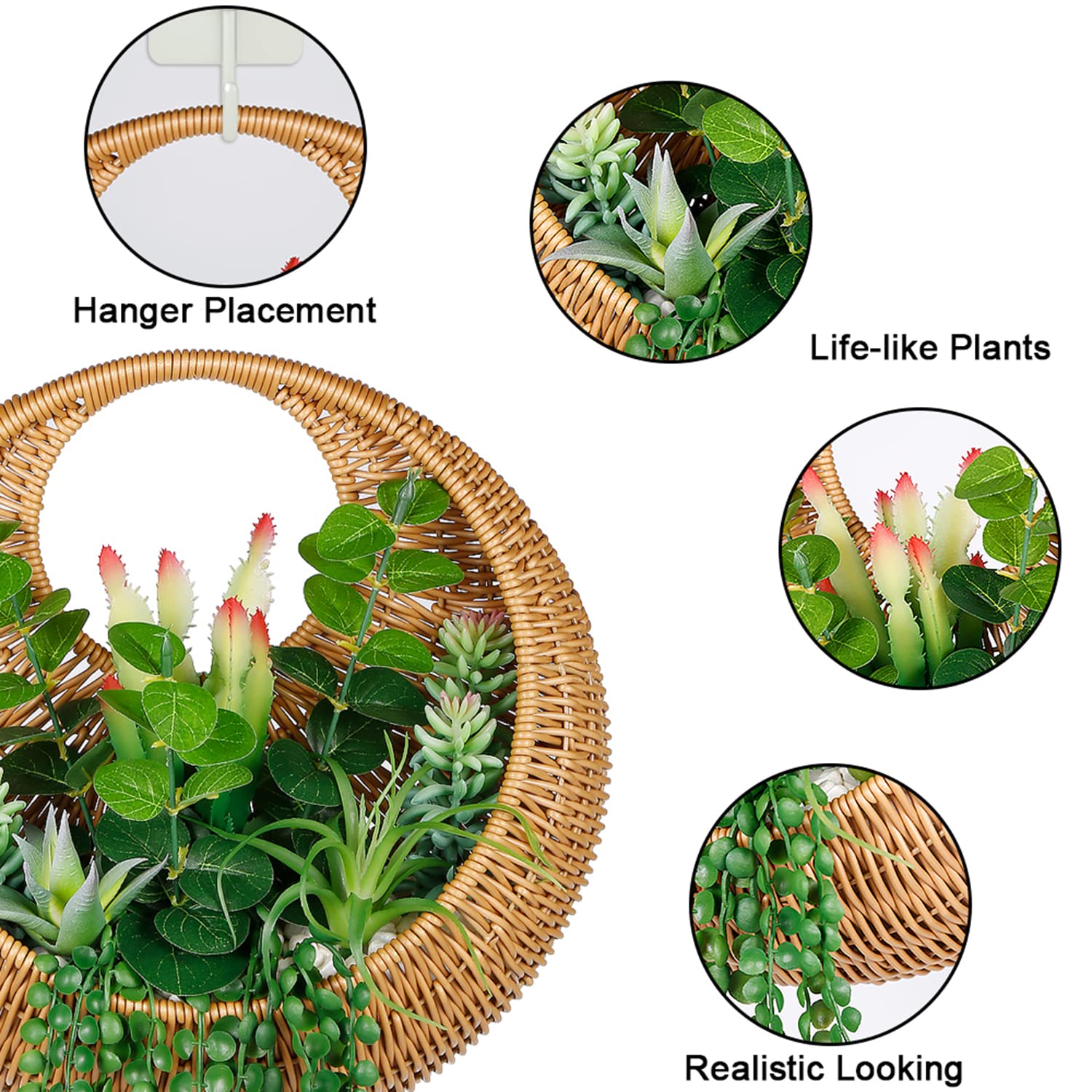 Artificial Succulent Hanging Plant in Woven Basket - Boho Wall Decor & Door Wreath - Fake Hanging Plants for Living Room, Bedroom, Bathroom, Home & Office - Perfect for Bohemian Home Decor, Wedding Backdrops, and Cozy Indoor Spaces