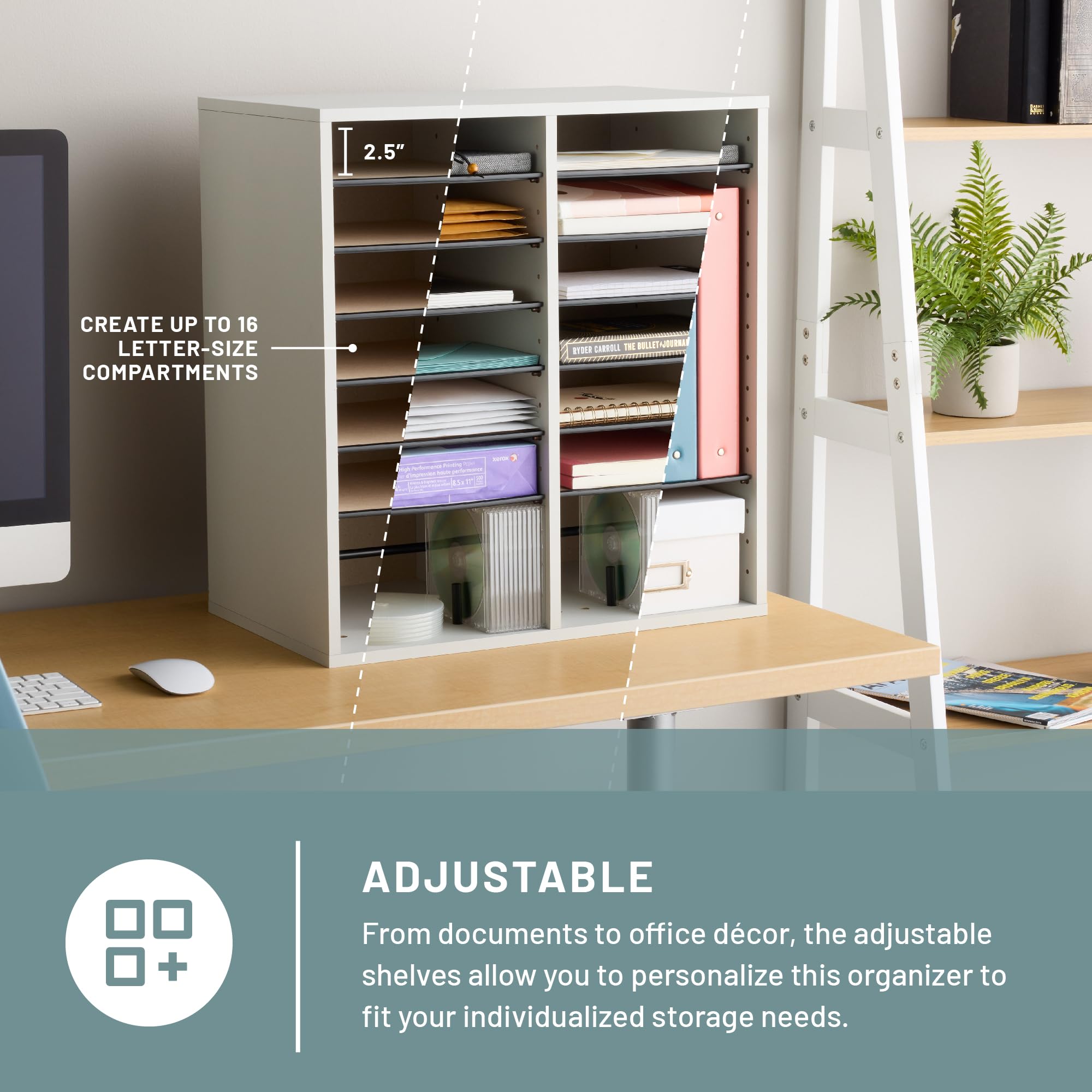 Safco 9422GR Adjustable Wooden Literature & Paper Organizer - 16 Compartments, Stackable, Durable for Home Office, Mailroom & Classroom Use - Gray Mailbox for Documents, Letters & Office Supplies