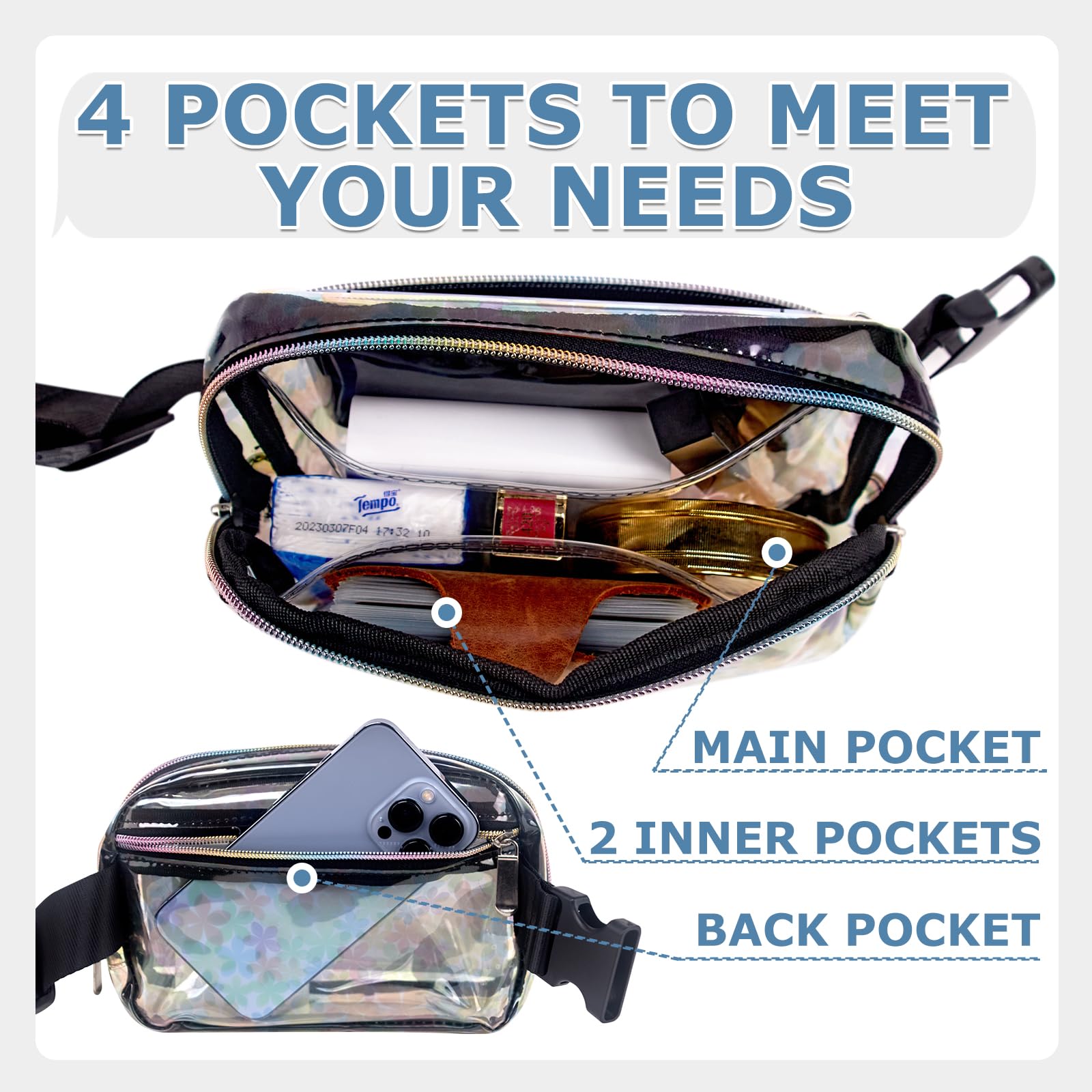 Women's Clear Mini Belt Bag - Waterproof Crossbody Fanny Pack for Travel, Running, Hiking & Cycling - Hands-Free Waist Pack for Gym, Concerts & Outdoor Activities