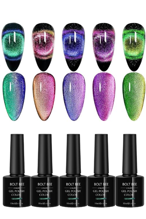 BOLT BEE 9D Cat Eye Gel Nail Polish Set - 8ml x 5 Classic Colors, Magnetic Cat Eye Gel Polish with Chameleon Magic Galaxy Effect, Soak Off UV LED Nail Art for Salon & Home Manicure (9D Collection)