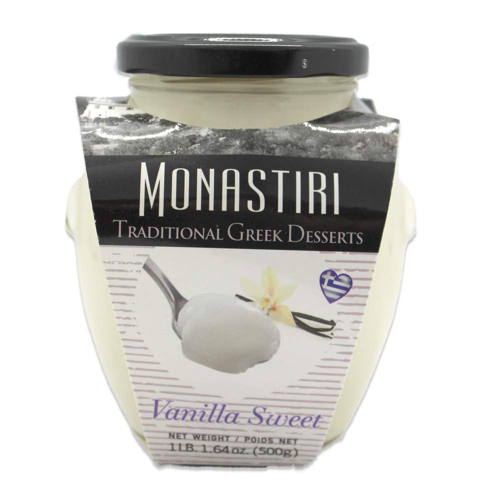 Monastiri Traditional Greek Vanilla Preserve - 17.6oz Glass Jar - Authentic Greek Dessert Topping for Yogurt, Pancakes & Pastries
