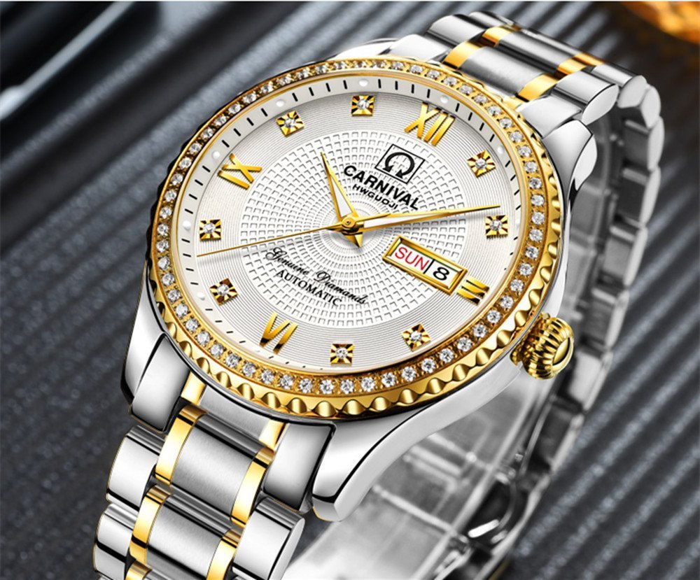 Gosasa Swiss Made Men's Luxury Gold Watch - Automatic Analog Display with Calendar, Week Indicator & Luminous Hands - 18K Gold Plated Stainless Steel Diamond Watch for Business, Formal Events & Special Occasions