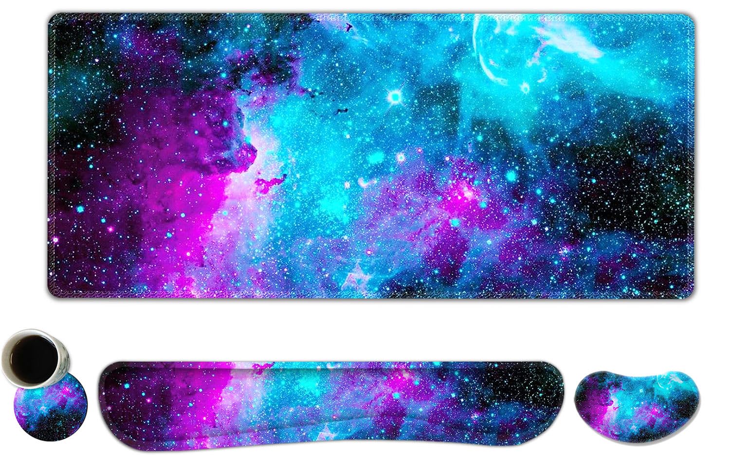 Extended Gaming Mouse Pad with Memory Foam Wrist Rest - Large Non-Slip Desk Mat for PC, Laptop, Office & Gaming - Ergonomic Keyboard Mouse Pad Set with Stitched Edges - Perfect for Home Office, Work, Study & Esports (Nebula Galaxy Design)