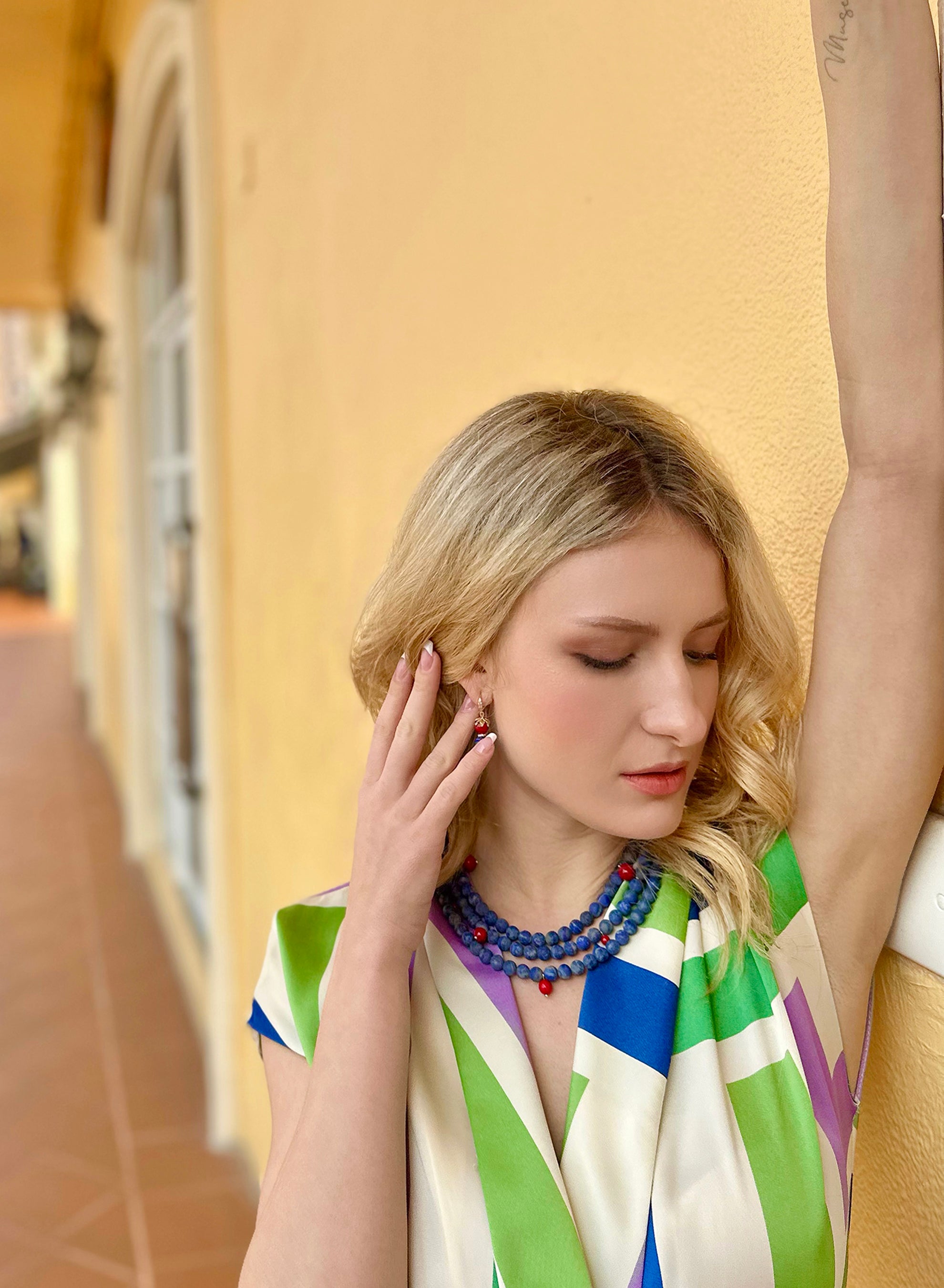 Lapis and Red Coral Dangle Earrings JE019 - Handmade Bohemian Statement Jewelry for Women | Perfect for Weddings, Parties & Special Occasions