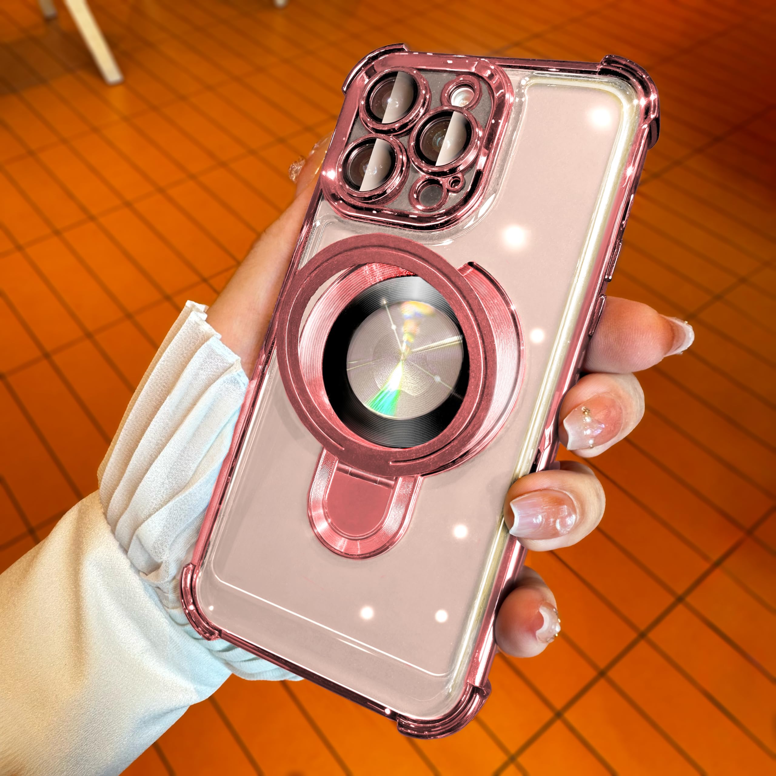 Magnetic Shockproof iPhone 14 Pro Max Case with MagSafe - Clear TPU Phone Cover with Full Camera Lens Protector & Built-in Kickstand | Strong Grip, Slim Fit Protection | Perfect for Work, Travel & Outdoor Activities (Pink)