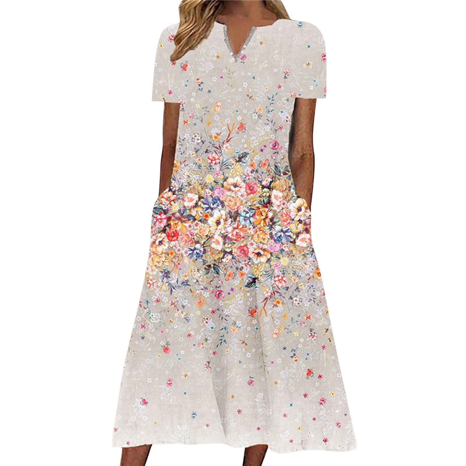 Women's Floral Print V-Neck Short Sleeve Beach Dress with Pockets - Casual Summer Sling Dress for Vacation, Pool Party & Outdoor Activities
