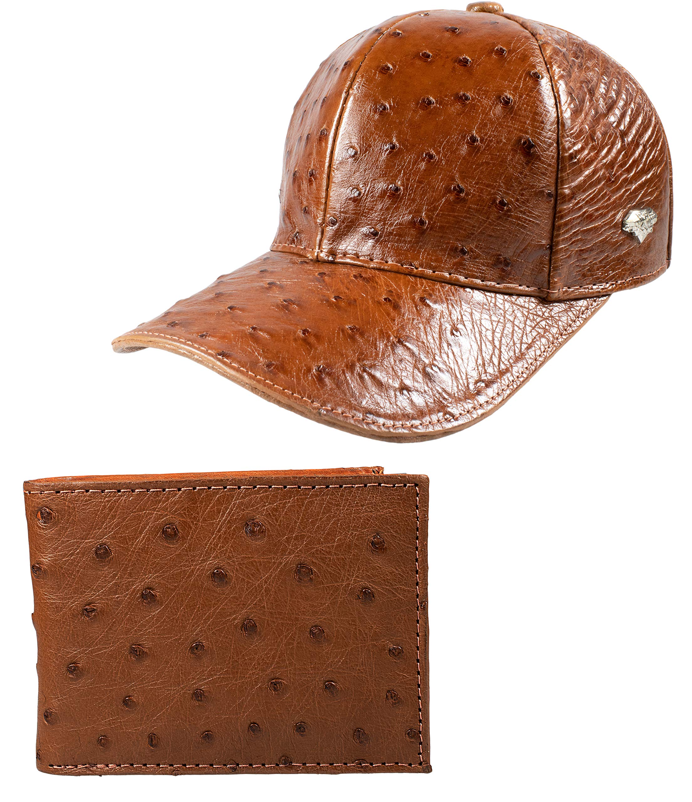 Exotic Genuine Ostrich Leather Cap Hat & Wallet Set - Cognac Brown | Stylish Cowboy Hat & Slim Bifold Wallet for Men | Perfect for Western Fashion, Rodeo Events & Outdoor Adventures
