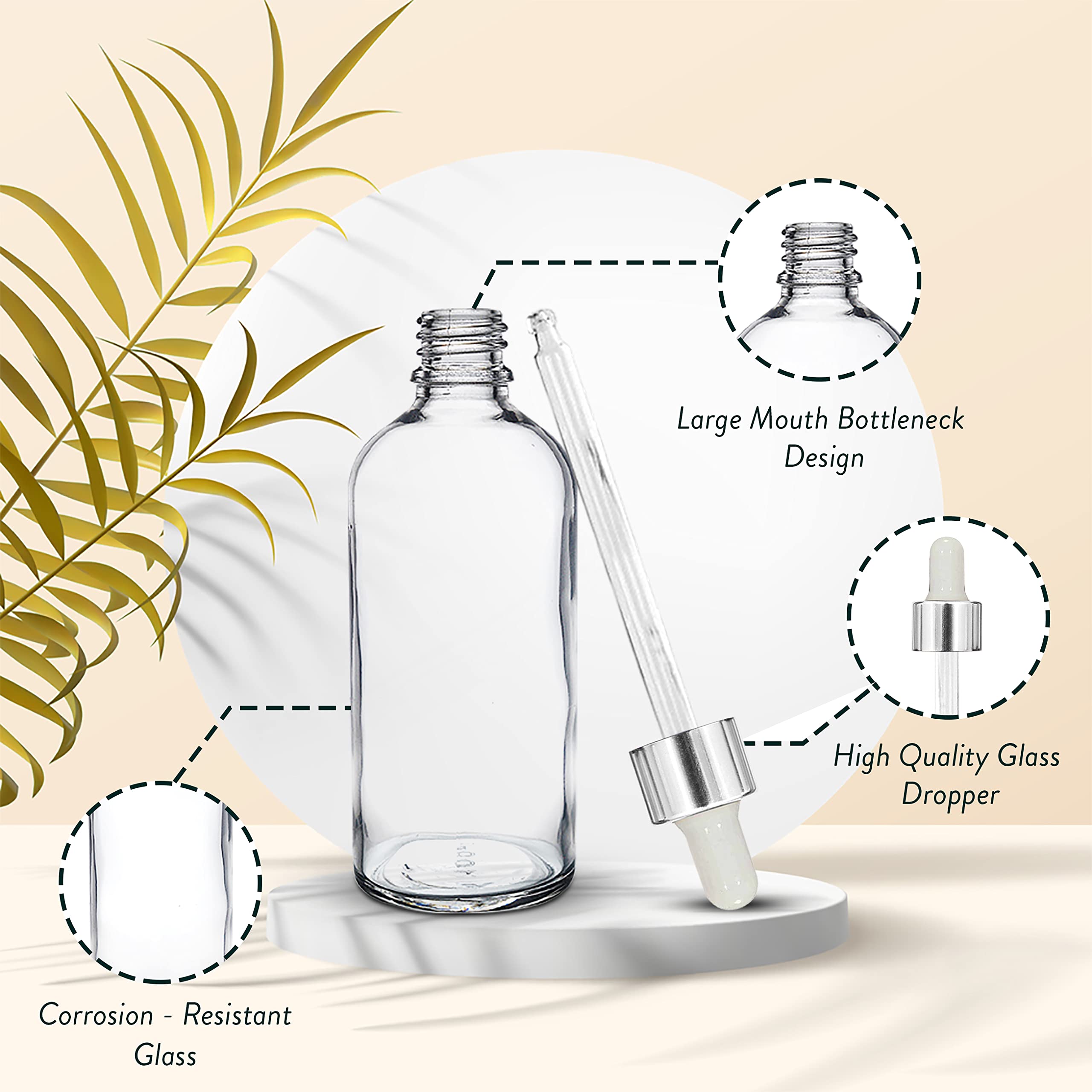 NSB Herbals 100ml Clear Round Empty Glass Bottle with Glass Dropper & Silver Ring - Refillable Essential Oil & Perfume Container (Pack of 1) | Perfect for DIY Aromatherapy, Travel Size Liquids & Homemade Beauty Products