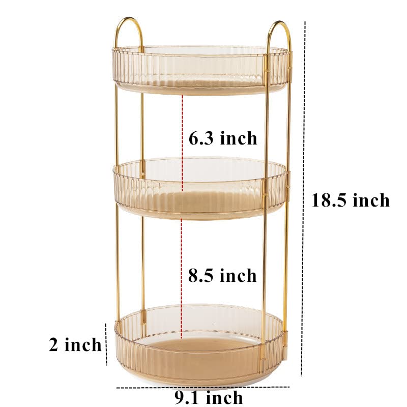 360° Rotating Makeup Organizer - 3-Tier High Capacity Cosmetic & Skincare Storage for Vanity, Bathroom Counter, Dresser (Amber) | Perfect for Organizing Lipsticks, Brushes & Beauty Products