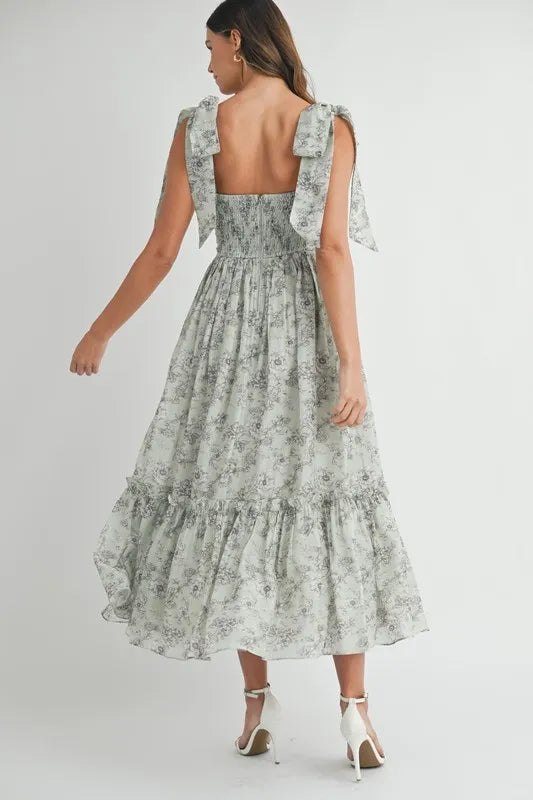 Floral Bust Ruched Midi Summer Dress with Shoulder Tie - Women's Elegant Party & Beach Vacation Outfit