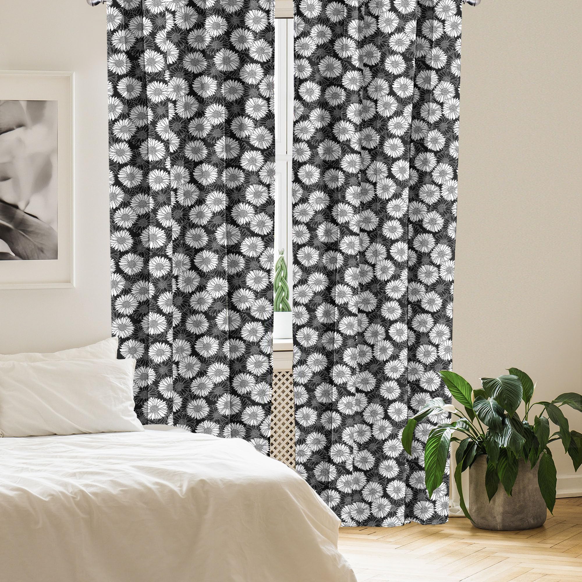 Ambesonne Floral Curtains - Hand Drawn Monochromatic Sunflower Petals Silhouette Window Treatments, 2 Panel Set for Living Room & Bedroom, 28