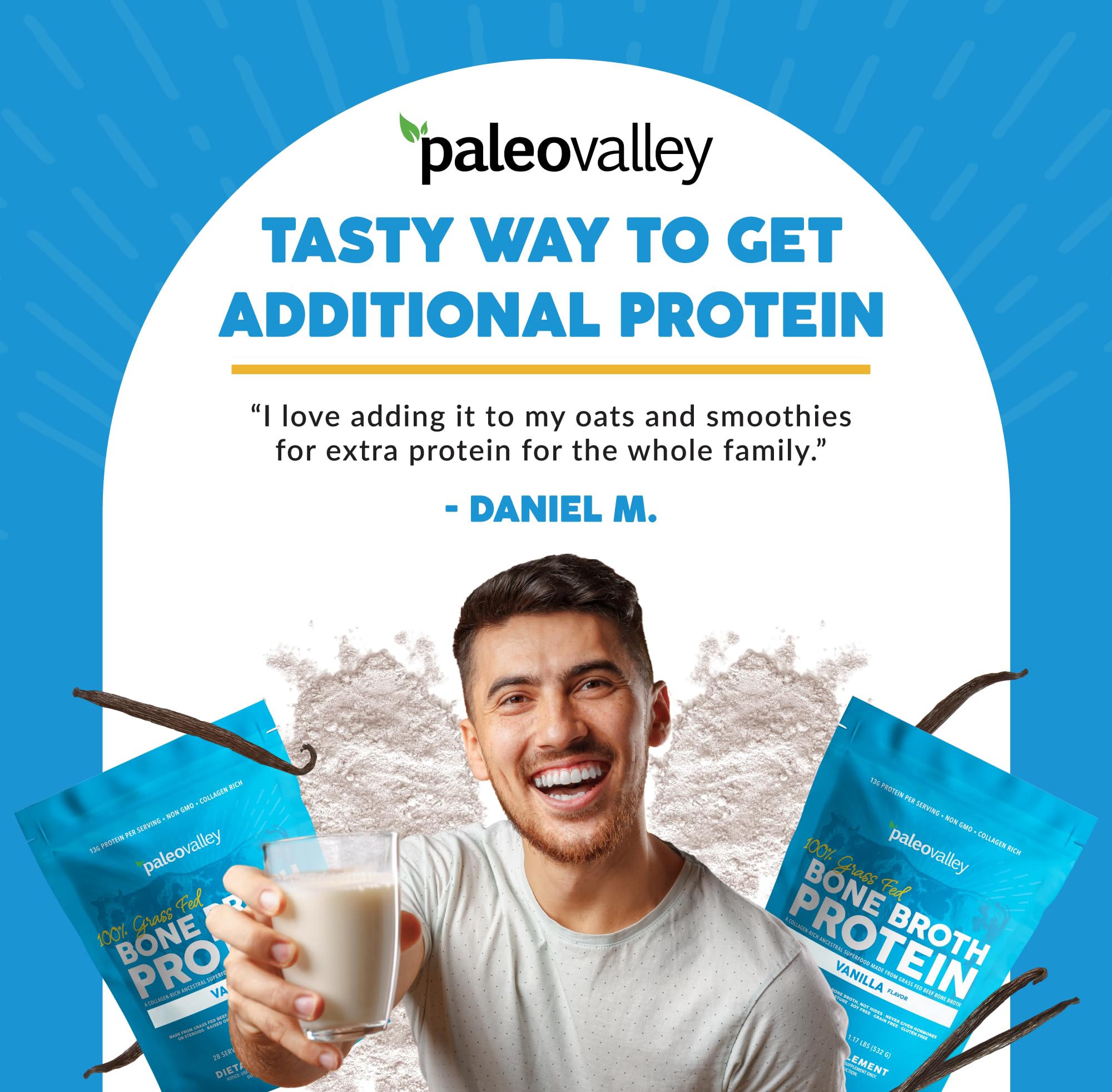 Paleovalley 100% Grass Fed Bone Broth Protein Powder Vanilla - Collagen Rich Supplement for Hair, Skin, Gut Health & Joint Support - 28 Servings - Perfect for Post-Workout Recovery & Keto/Paleo Diets