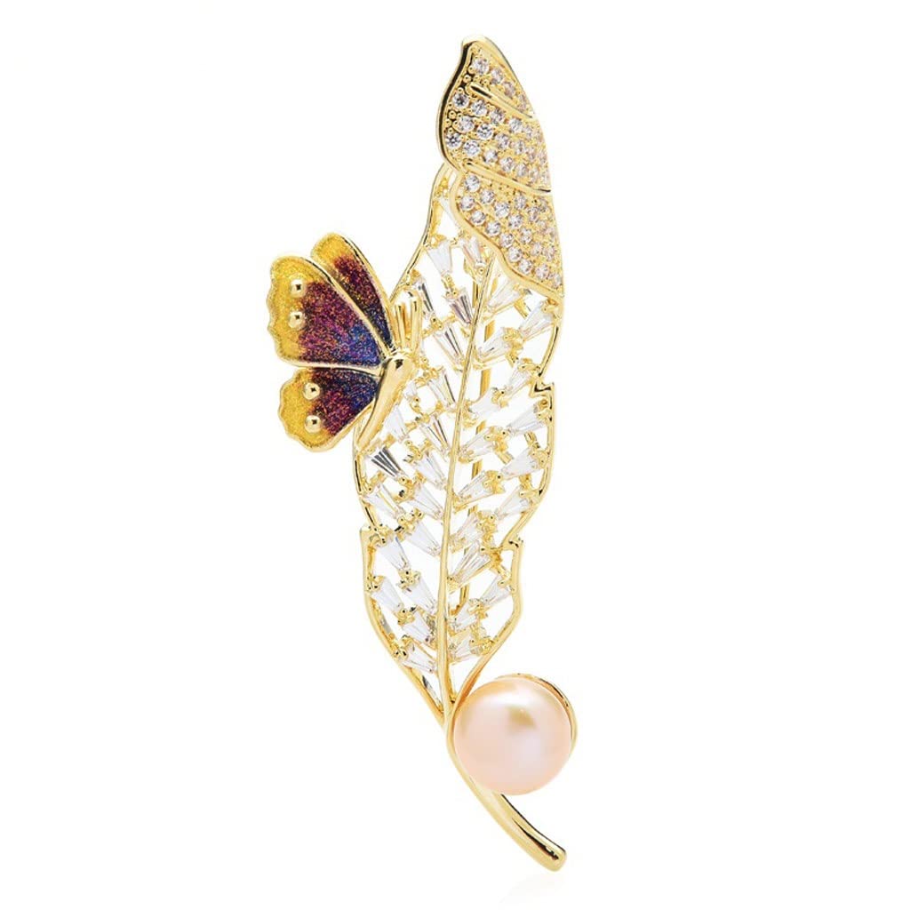 YHUA Natural Pearl Leaf Brooches for Women - Elegant Cubic Zirconia Enamel Butterfly Flower Design - Perfect for Parties, Office Wear & Special Occasions