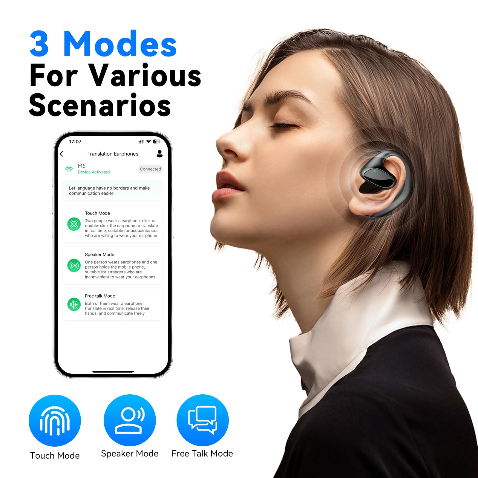 Real-Time Translation Earbuds with 144 Languages & AI Support - 3-in-1 Wireless Bluetooth Earbuds for Music, Calls & Instant Translation | Compatible with iOS & Android | Perfect for Travel, Business Meetings & Language Learning