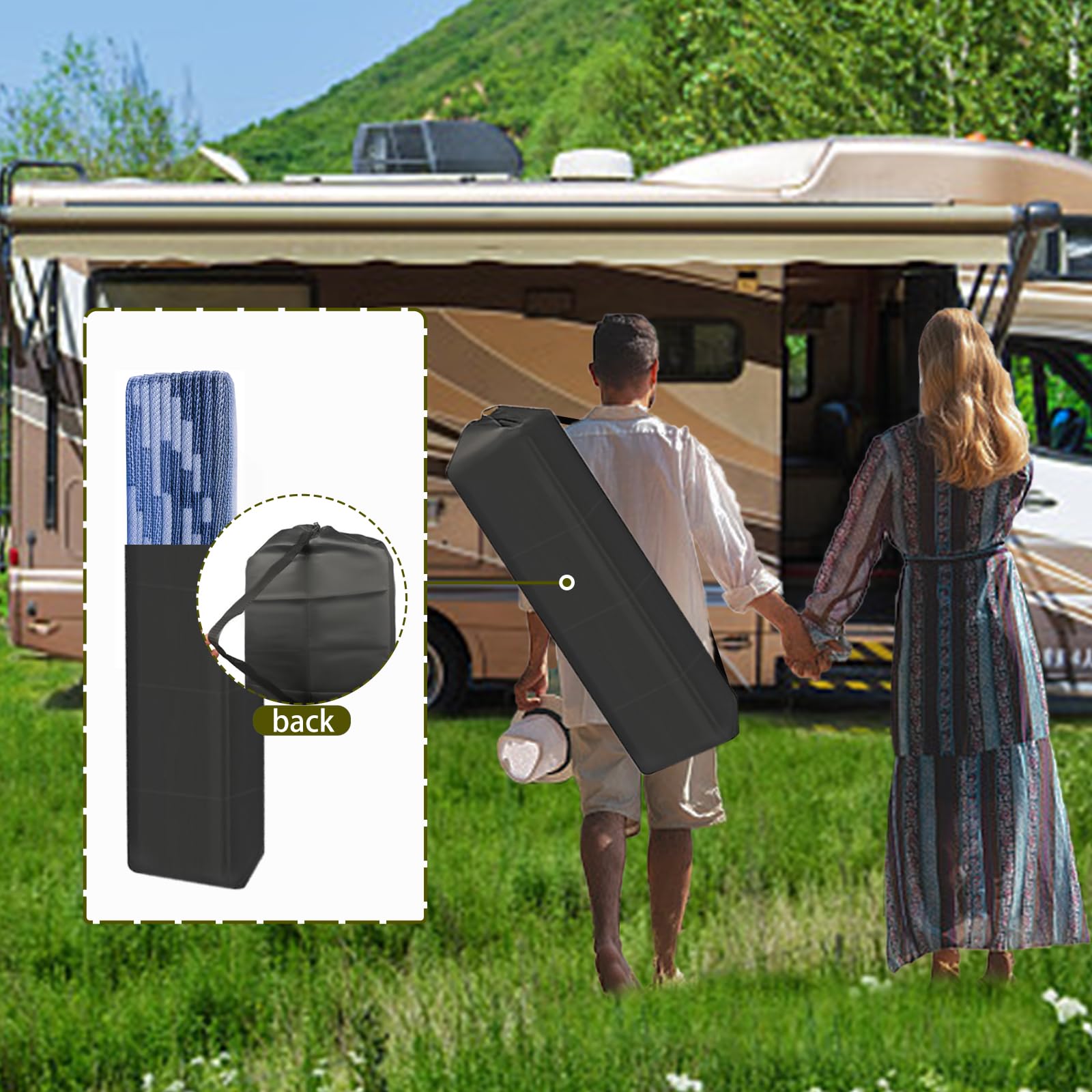 EEZ RV Heavy Duty Reversible Outdoor Camping Mat - Waterproof Durable Patio Rug for RV, Picnic, Beach & Backyard - Includes Storage Bag & 6 Stake Sets (Perfect for Camping, Tailgating & Outdoor Events)