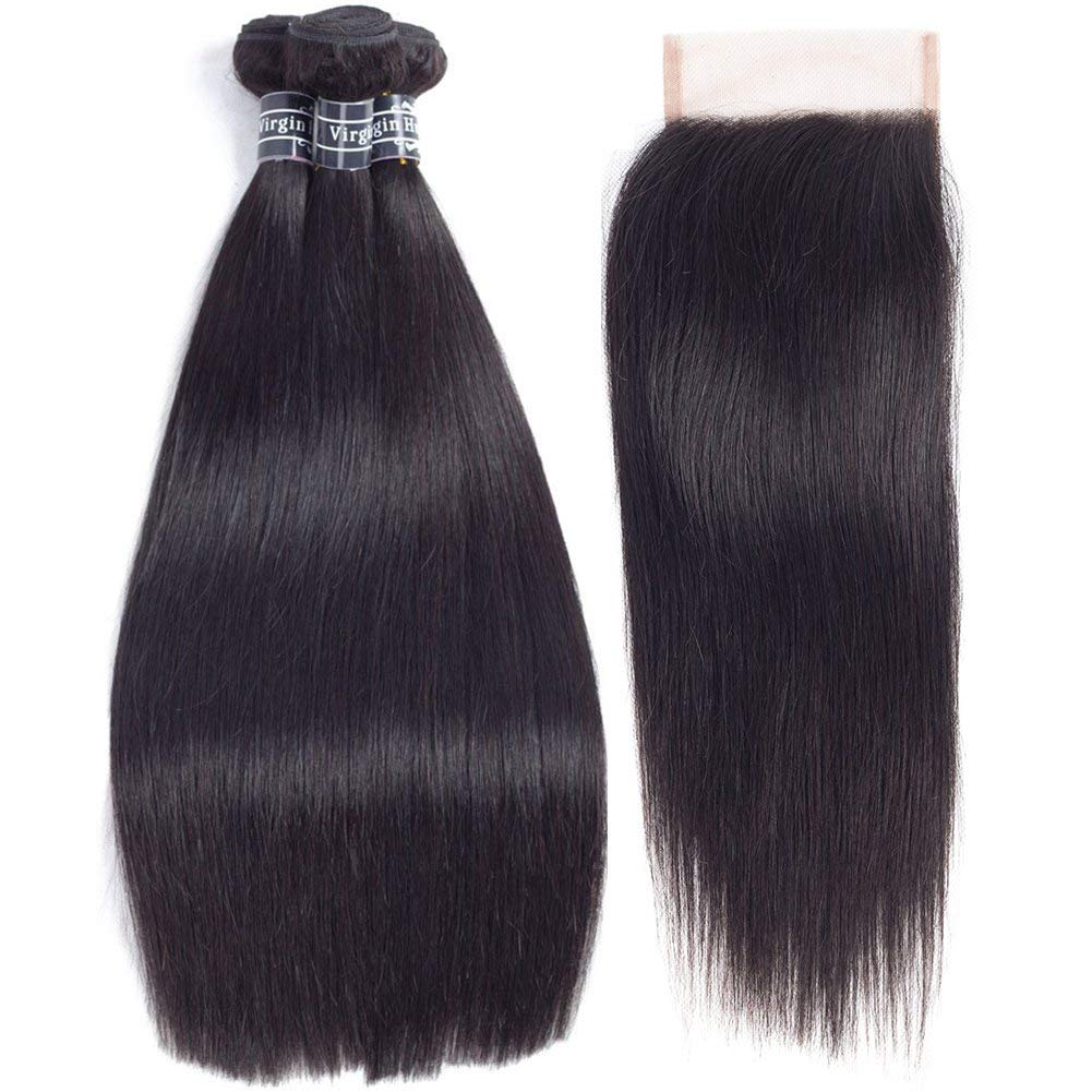 Amella 8A Grade Brazilian Straight Human Hair Extensions - 3 Bundles with Closure (18, 20, 22+18 Inch) - Unprocessed Natural Black Hair for Styling & Volume - Perfect for Daily Wear, Parties & Special Occasions