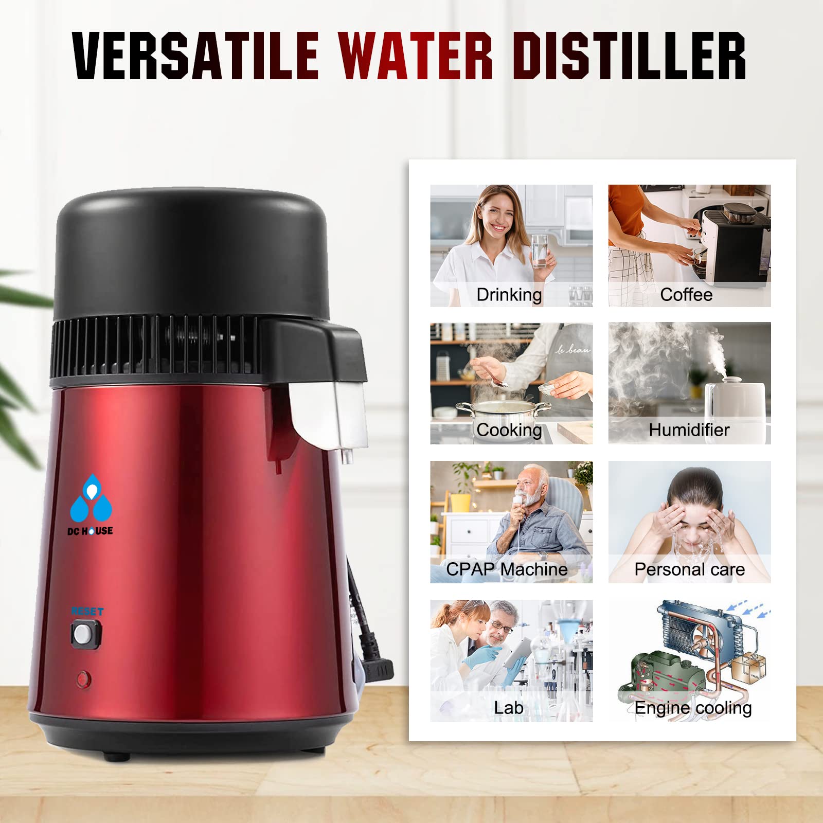 DC HOUSE 1 Gallon Water Distiller - 4L Stainless Steel Countertop Pure Water Distiller Machine with On/Off Switch & Glass Container for Home, Kitchen, RV, Camping, Emergency Preparedness